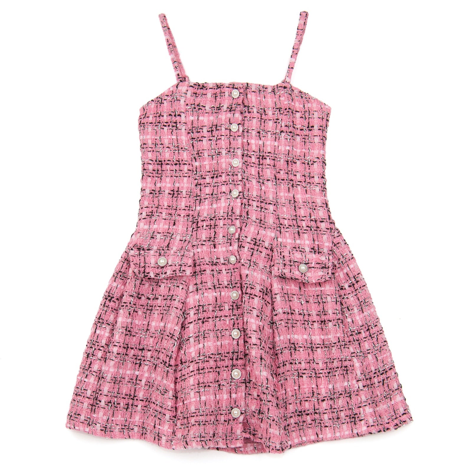 FBZ Girls Reggie Pink/Black Pearl Buttons Tweed Dress Girls Special Dresses FBZ Flowers By Zoe Multi Y/XS (6X)