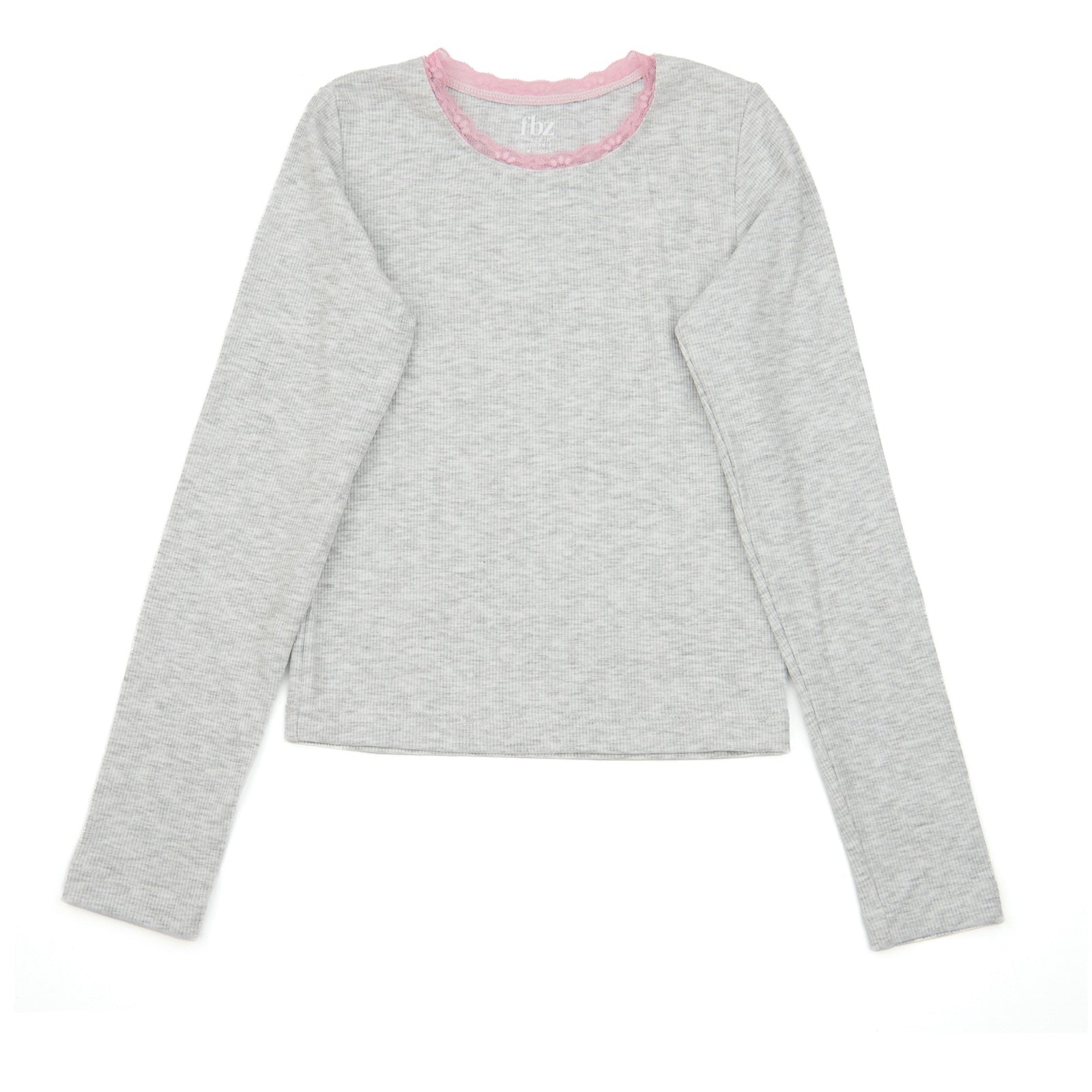 FBZ Girls Weslie Long Sleeve Rib Tee With Pink Lace Girls Casual Tops FBZ Flowers By Zoe Grey Y/XS (6X)