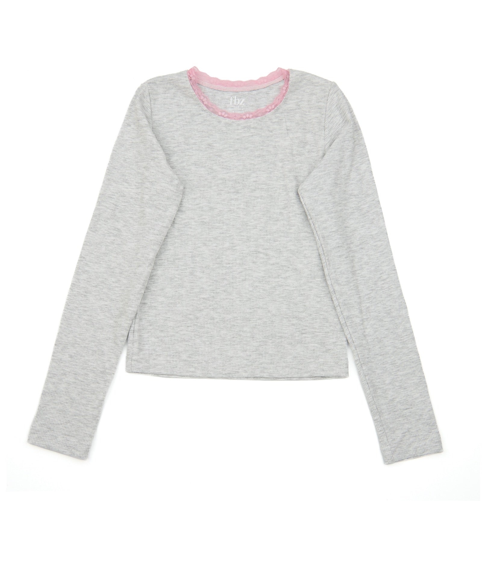 FBZ Girls Weslie Long Sleeve Rib Tee With Pink Lace Girls Casual Tops FBZ Flowers By Zoe Grey Y/XS (6X)