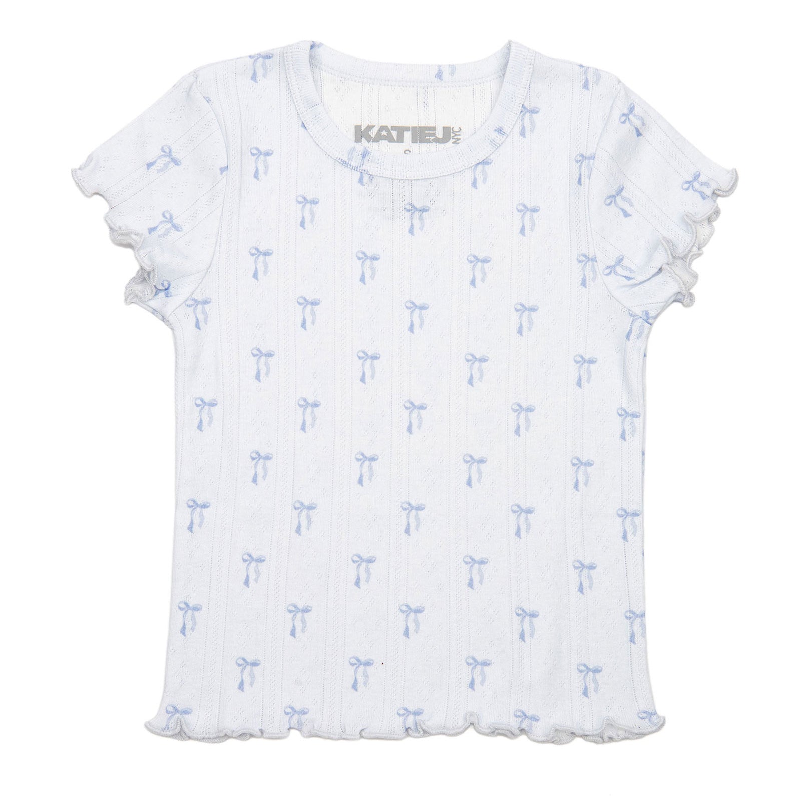 Katie J NYC Girls Marina Pointelle Tee Blue Bows Girls Casual Tops Katie J NYC Blue Y/S (7/8)