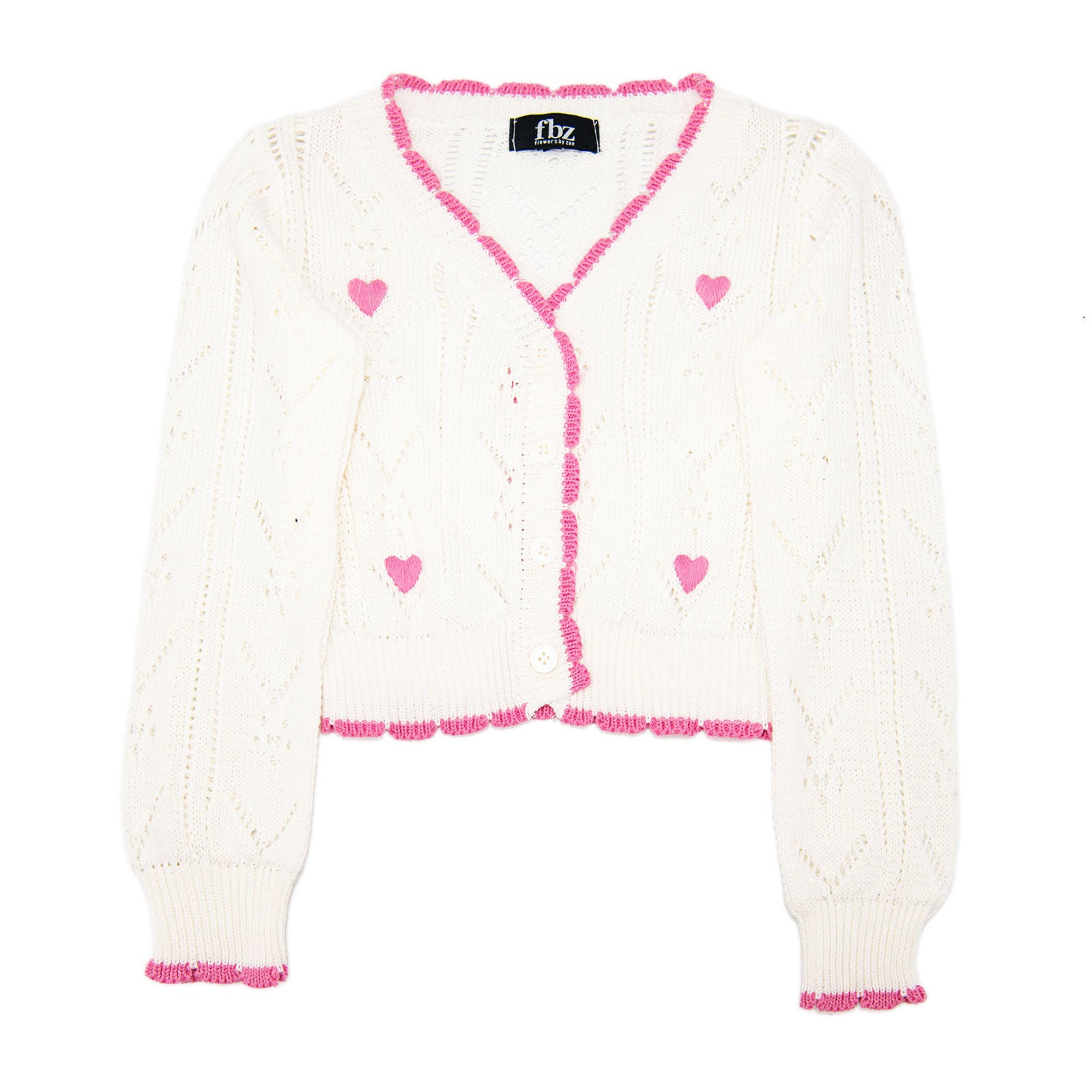 FBZ Girls Lucie Crochet Pink Heart Cardigan Girls Casual Tops FBZ Flowers By Zoe White Y/4