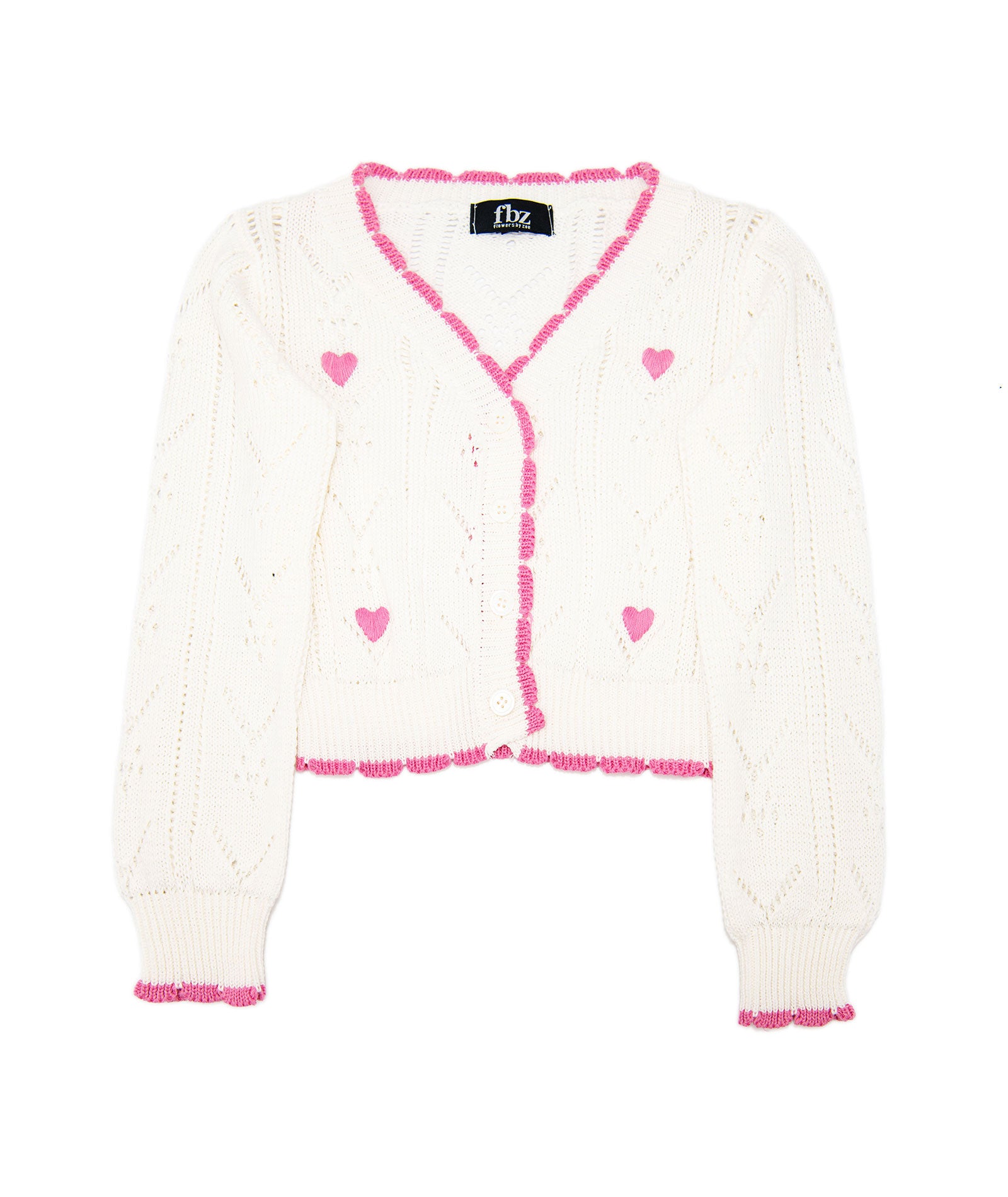 FBZ Girls Lucie Crochet Pink Heart Cardigan Girls Casual Tops FBZ Flowers By Zoe White Y/4