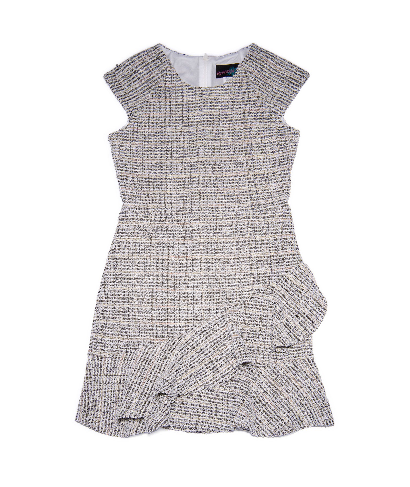 By Debra Girls Kate Black/White/Gold Slanted Ruffle Dress Girls Special Dresses By Debra Black/White Y/XS (6X)