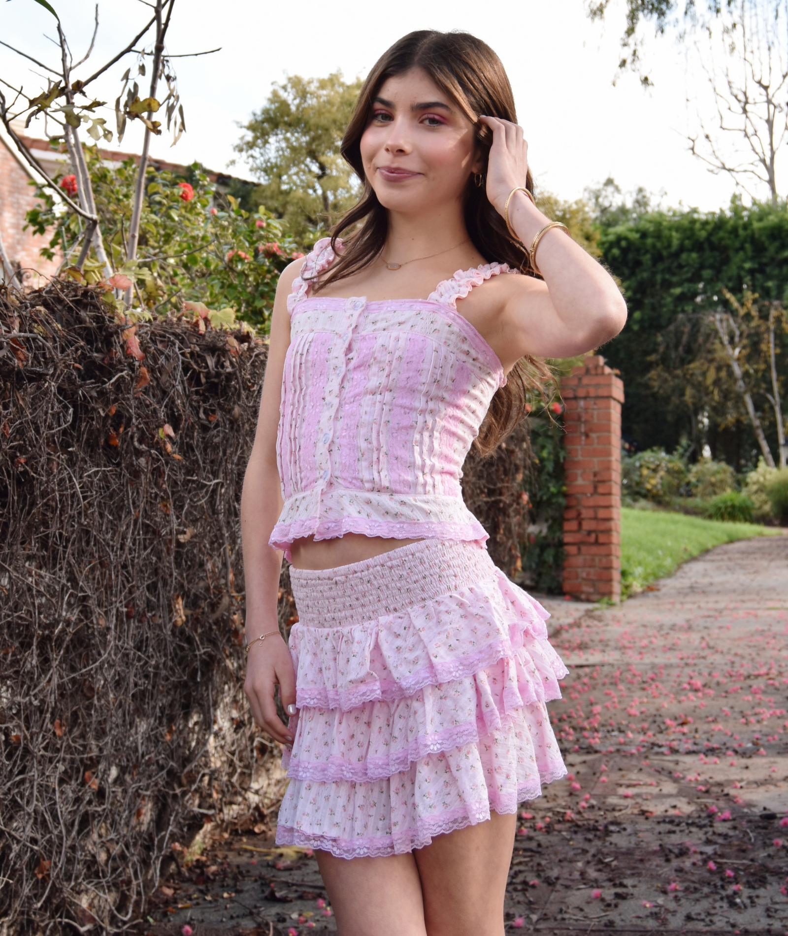 FBZ Girls Cameron Pink Floral Lace 3 Ruffle Skirt Girls Casual Bottoms FBZ Flowers By Zoe