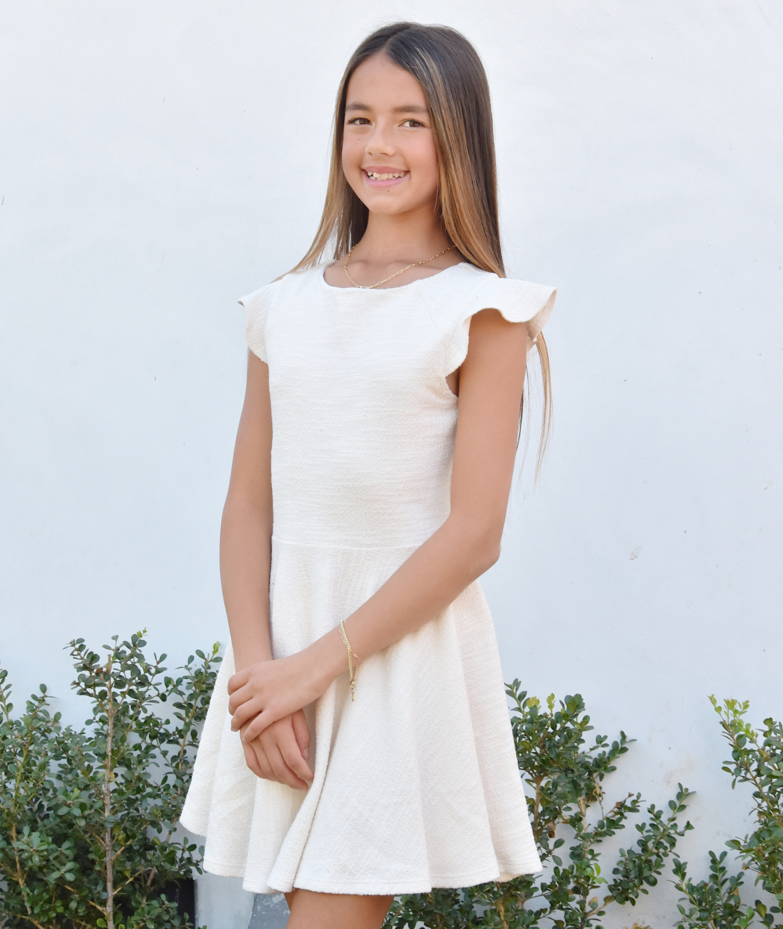 By Debra Girls Nadine Ivory Boucle Flutter Sleeve Fit and Flare Dress Girls Special Dresses By Debra