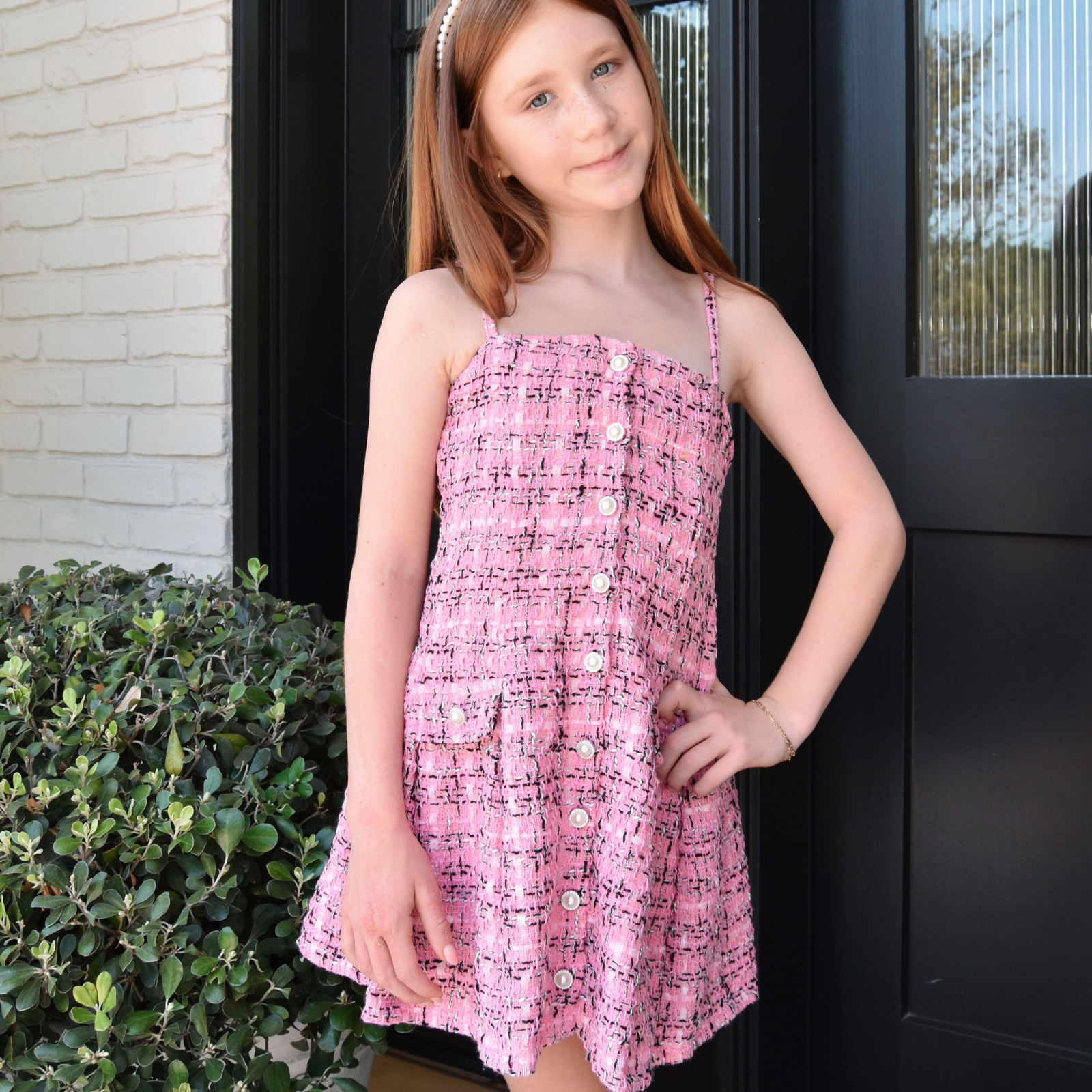 FBZ Girls Reggie Pink/Black Pearl Buttons Tweed Dress Girls Special Dresses FBZ Flowers By Zoe Multi Y/XS (6X)