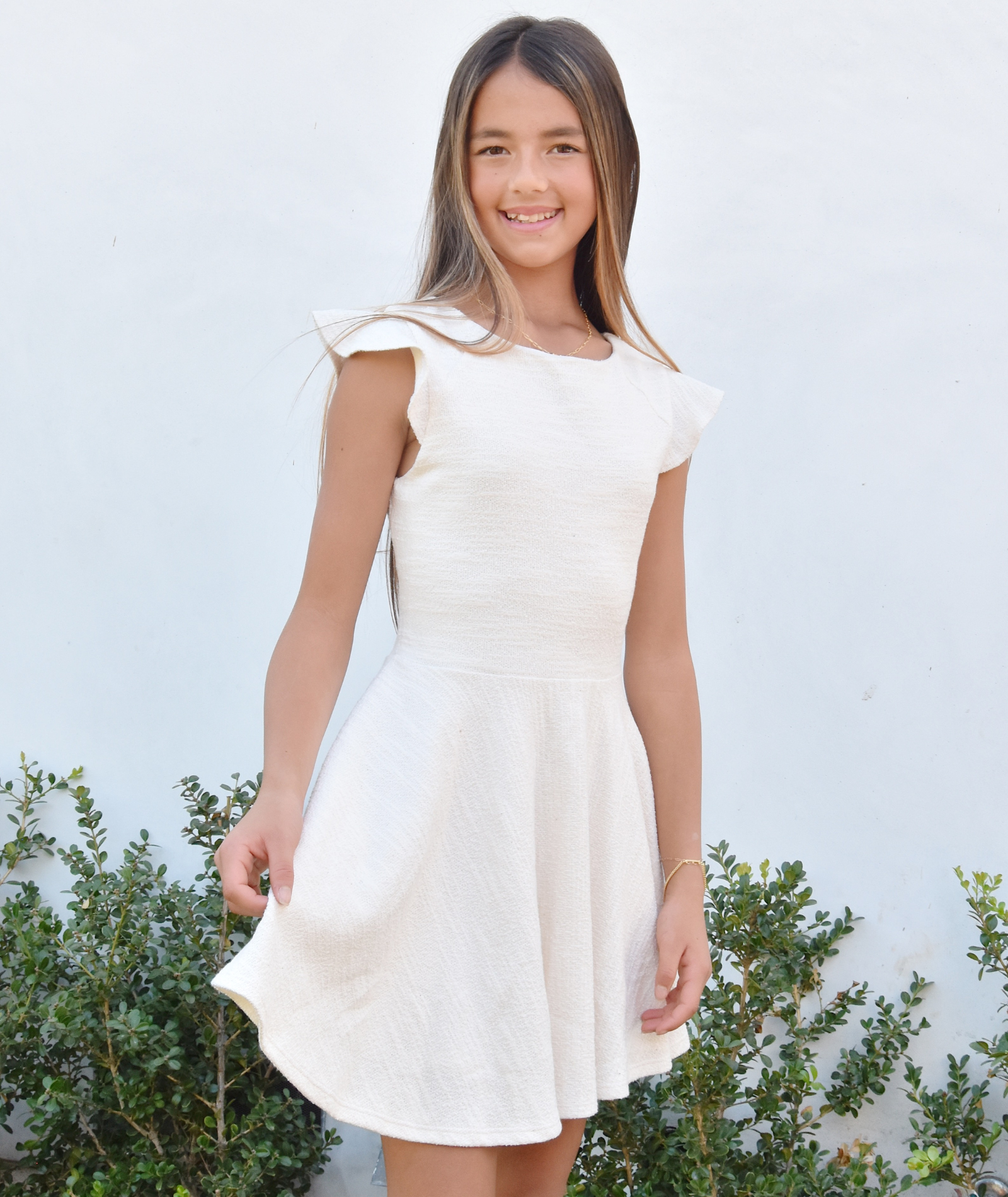 By Debra Girls Nadine Ivory Boucle Flutter Sleeve Fit and Flare Dress Girls Special Dresses By Debra