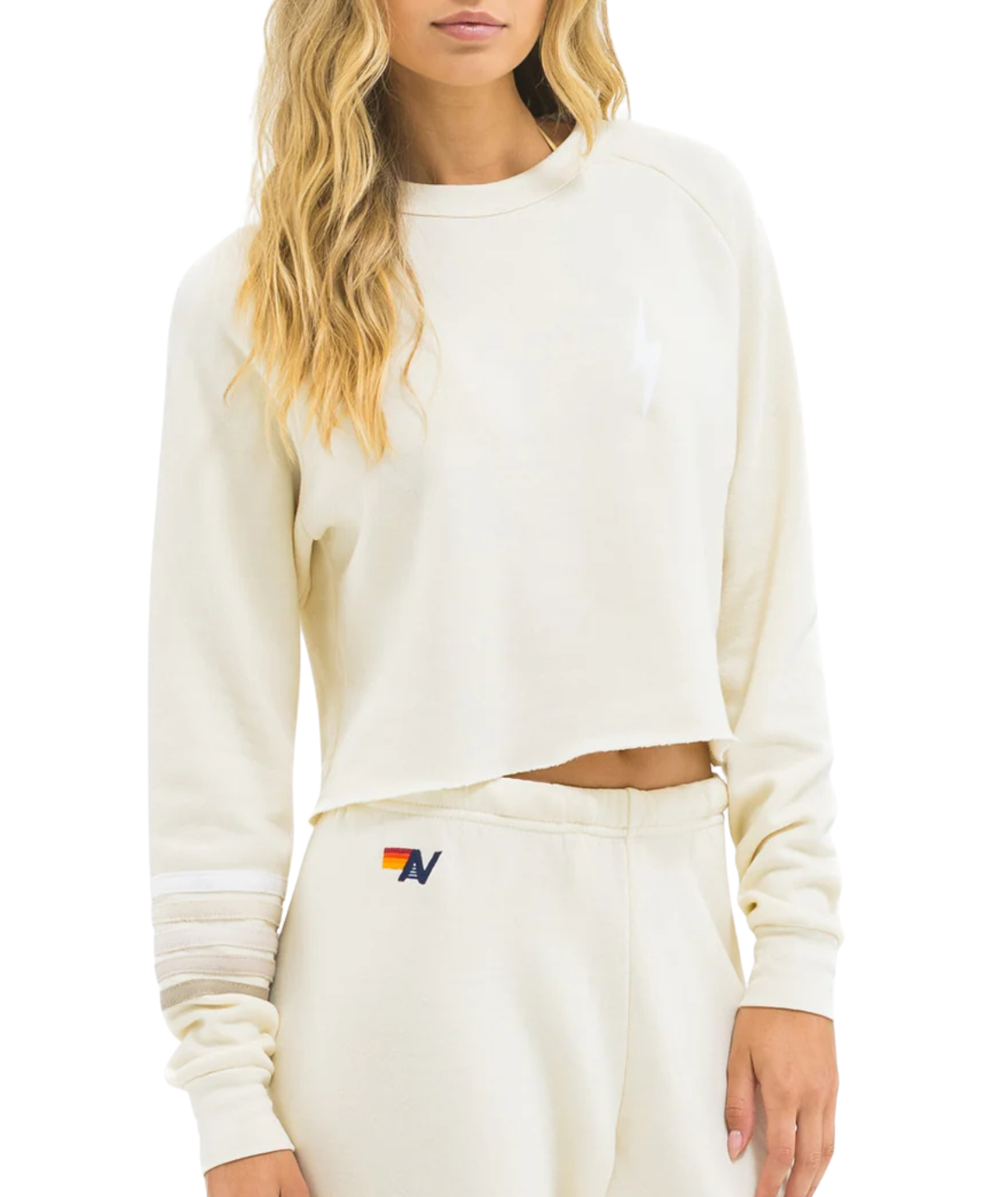 Aviator Nation Women Bolt Rugby Stitch Crop Crew Sweatshirt Vintage White/White Grey Womens Casual Tops Aviator Nation