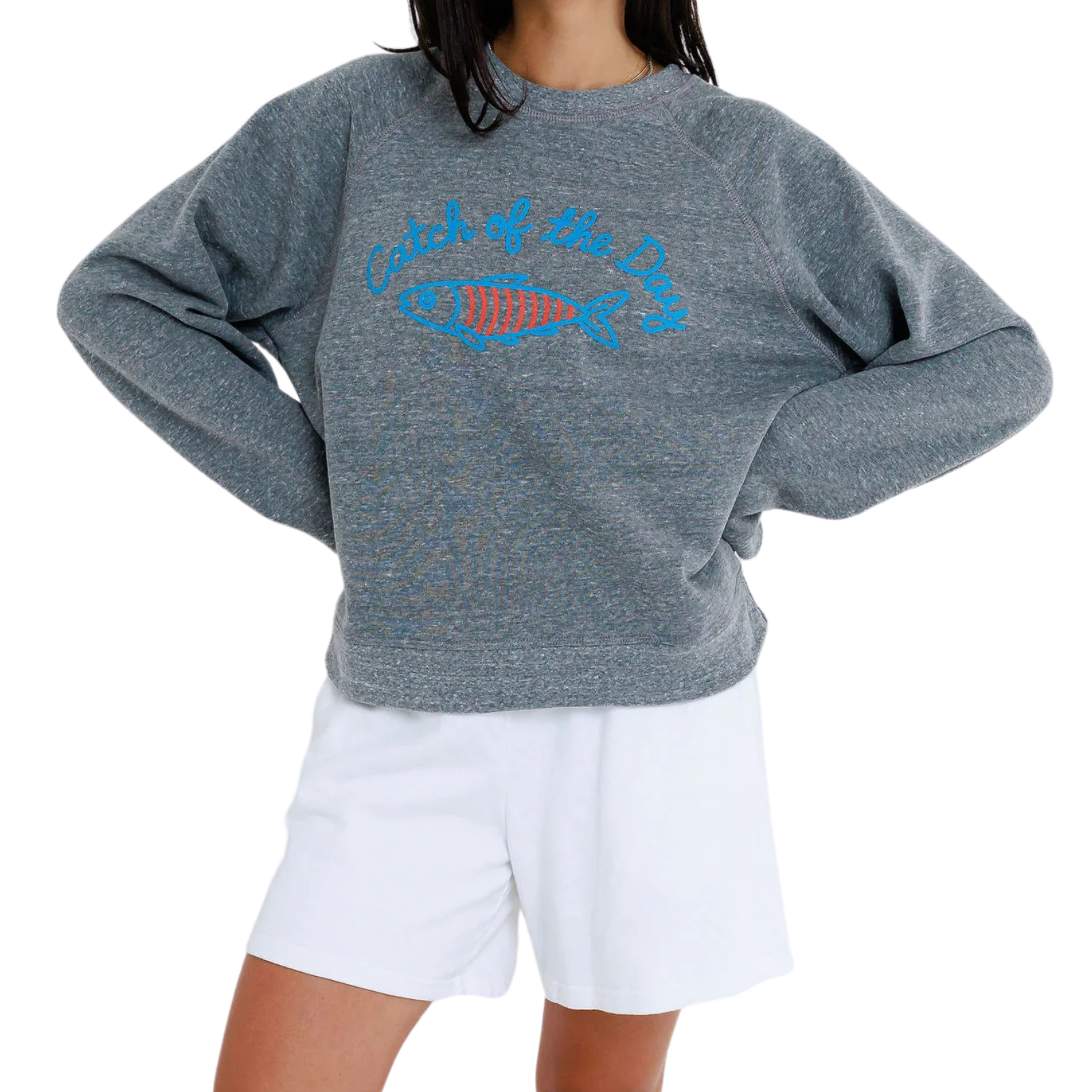 Sunny Somewhere Women Catch of the Day Crew Sweatshirt Womens Casual Tops Sunny Somewhere Heather Grey Juniors/Women XS