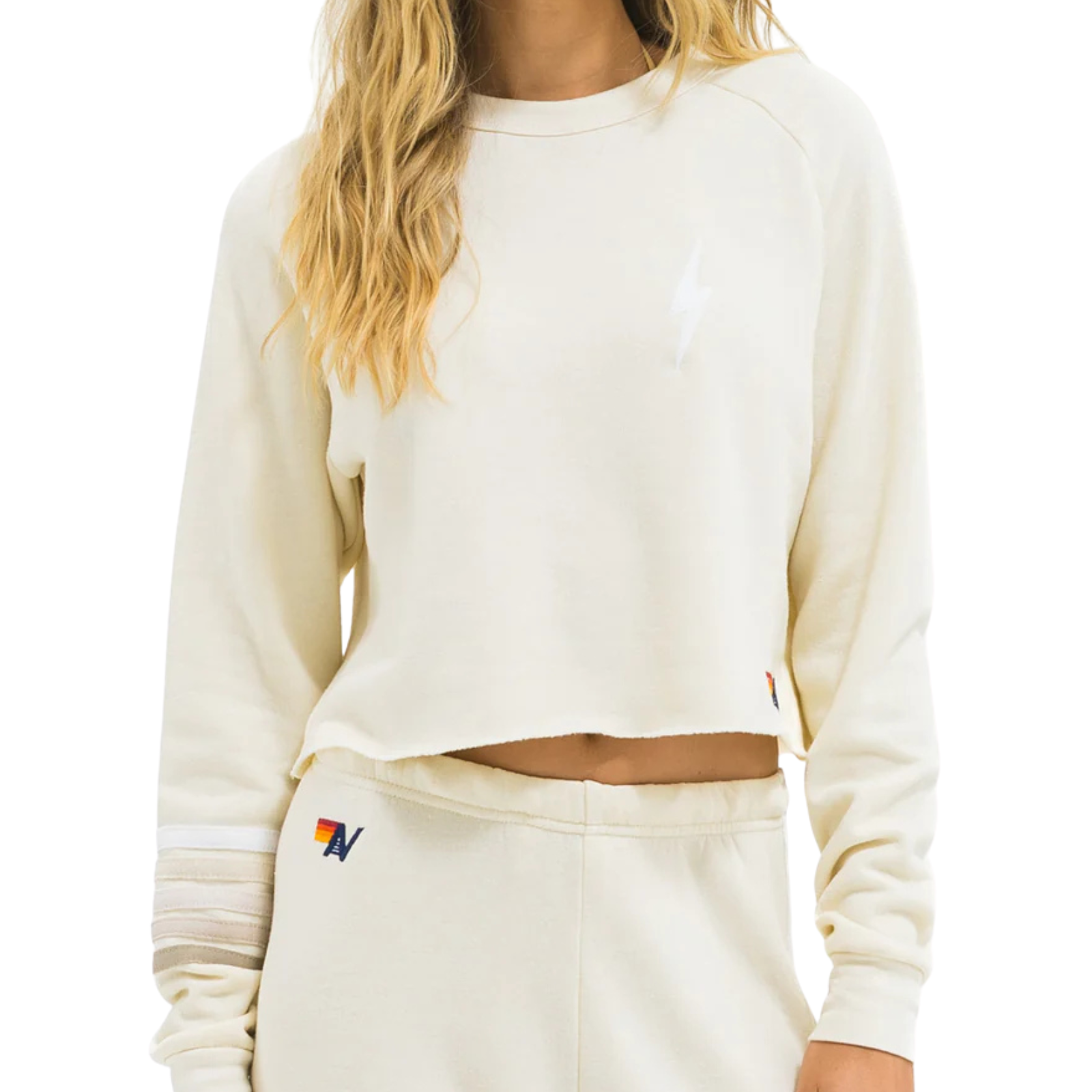 Aviator Nation Women Bolt Rugby Stitch Crop Crew Sweatshirt Vintage White/White Grey Womens Casual Tops Aviator Nation Vintage White Juniors/Women XS