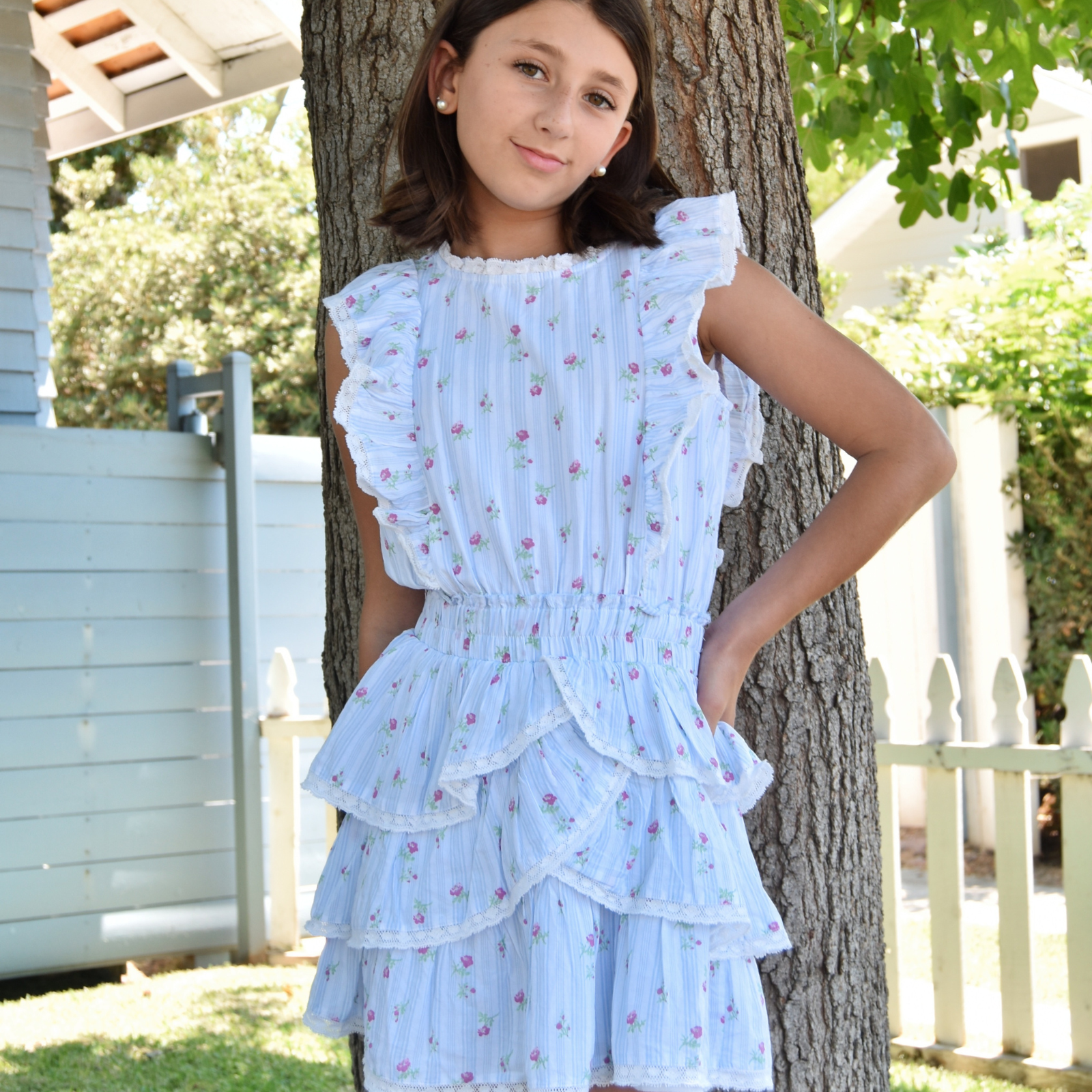 Love Shack Fancy Girls Decker Dress Coastline Blue Girls Casual Dresses Love Shack Fancy Blue Y/4/5