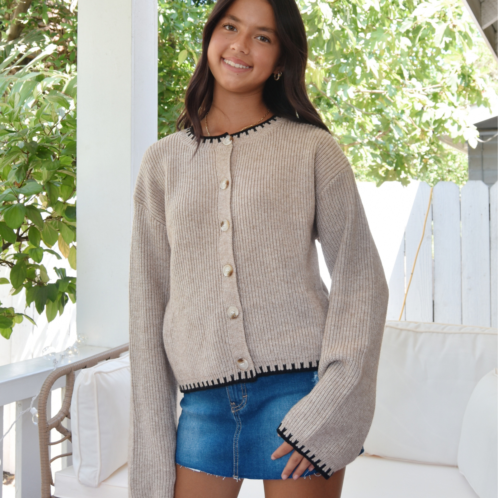 8apart Women Jannie Taupe/Black Cardigan Sweater Womens Casual Tops 8apart Taupe Juniors/Women S