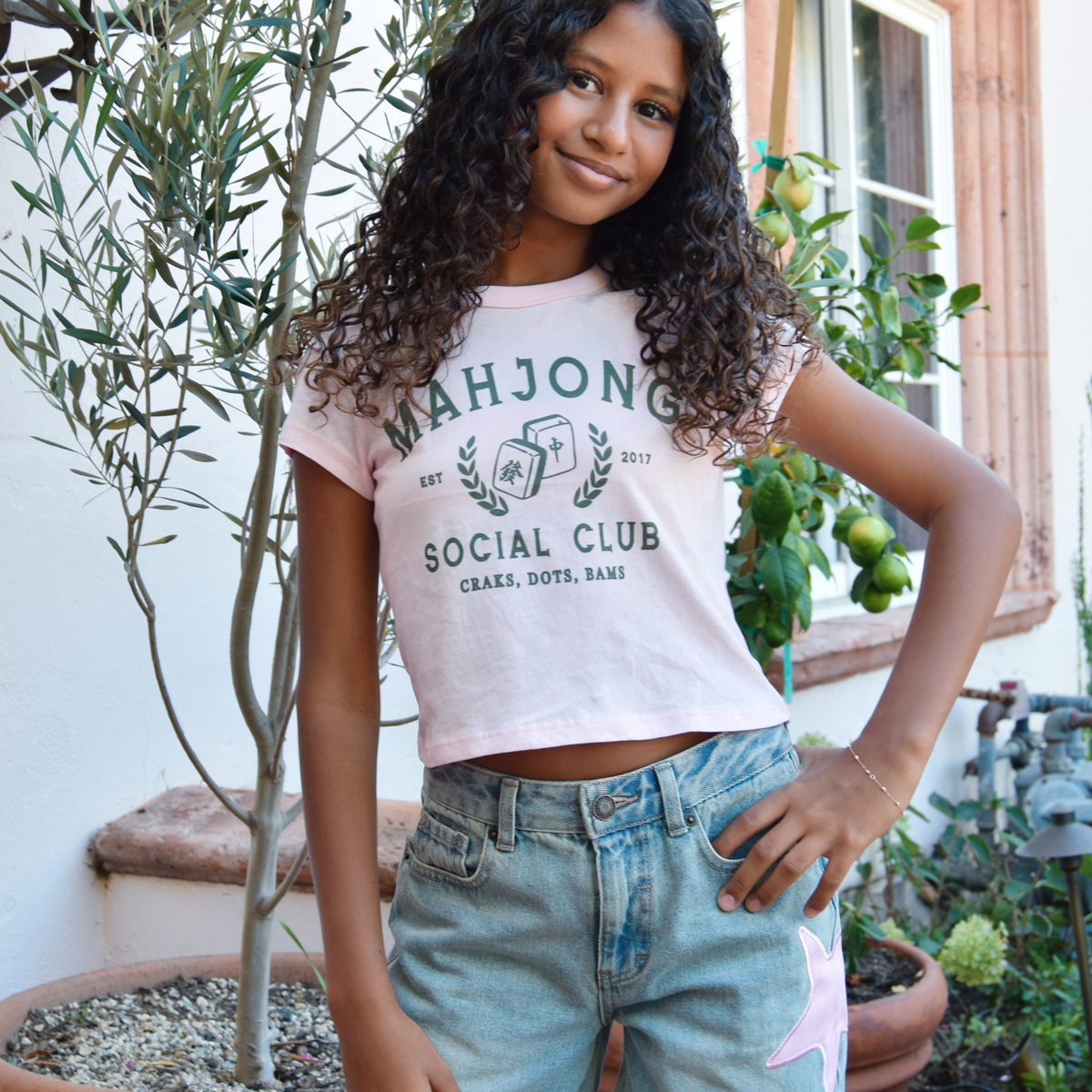 Katie J NYC Girls Boxy Baby Tee Mahjong Girls Casual Tops Katie J NYC Baby Pink Y/S (7/8)