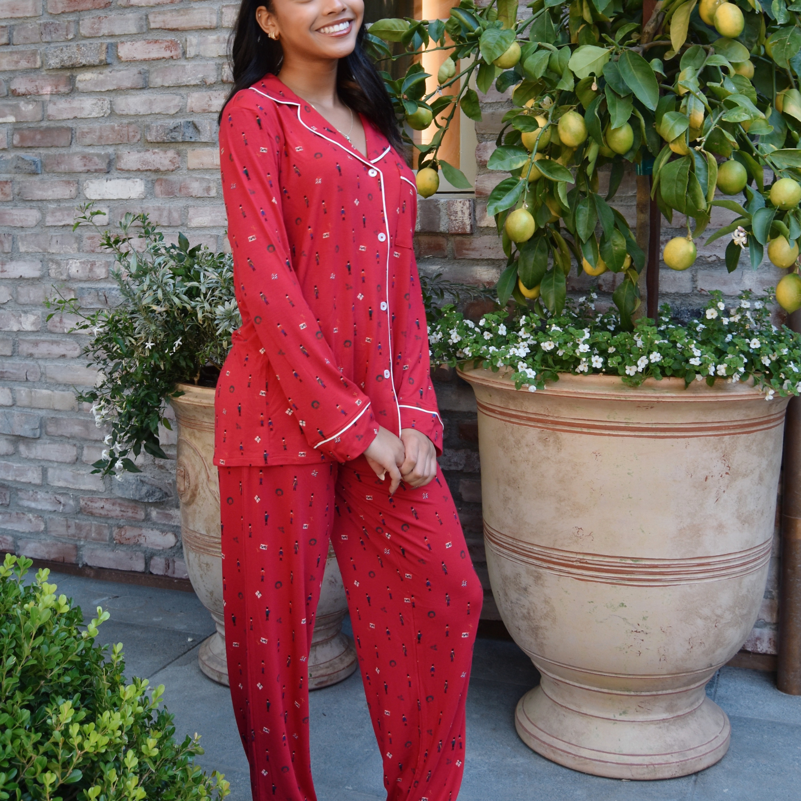 Eberjey Women Gisele Printed Long PJ Set Nutcracker Holly Red/Ivory With Ribbon Accessories Eberjey Red Juniors/Women XXS