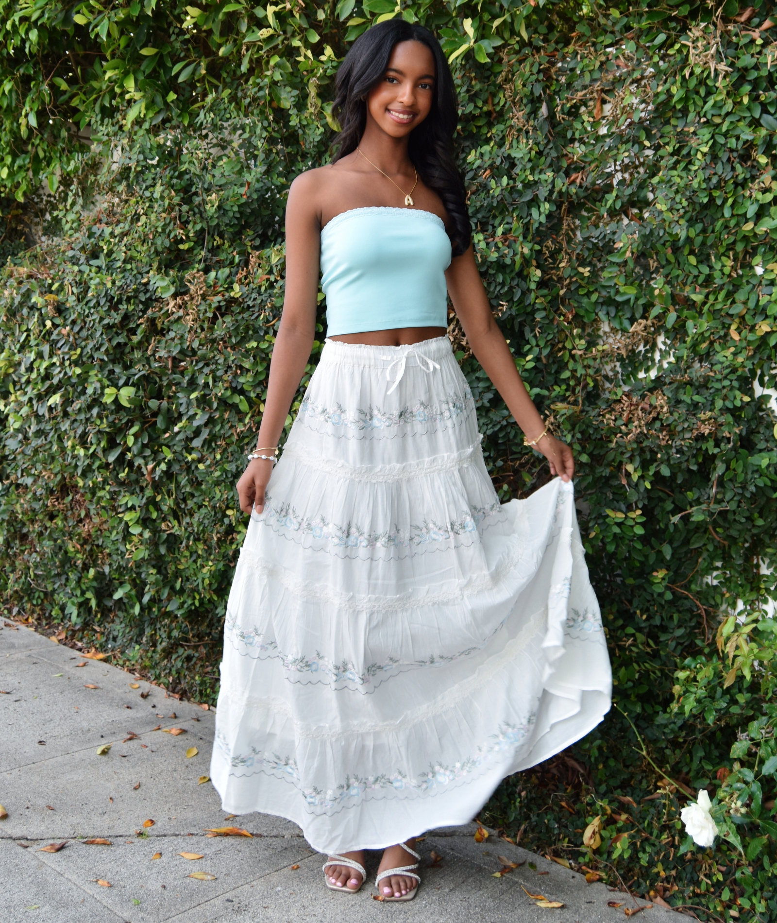 Katie J NYC Juniors Cream/Silver Lurex Allegra Maxi Skirt Girls Casual Bottoms Katie J NYC