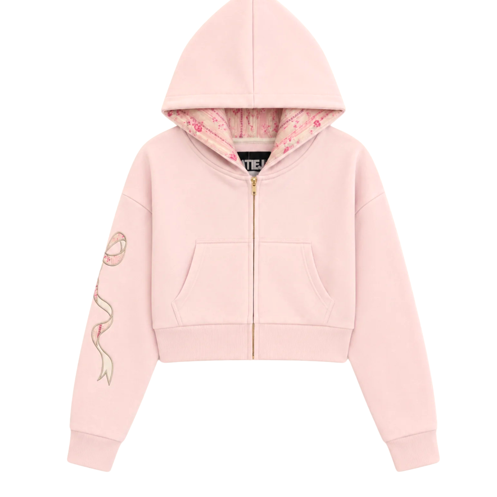 Katie J NYC Girls Dylan Bow Crop Zip Hoodie Pale Pink/Rose Floral
