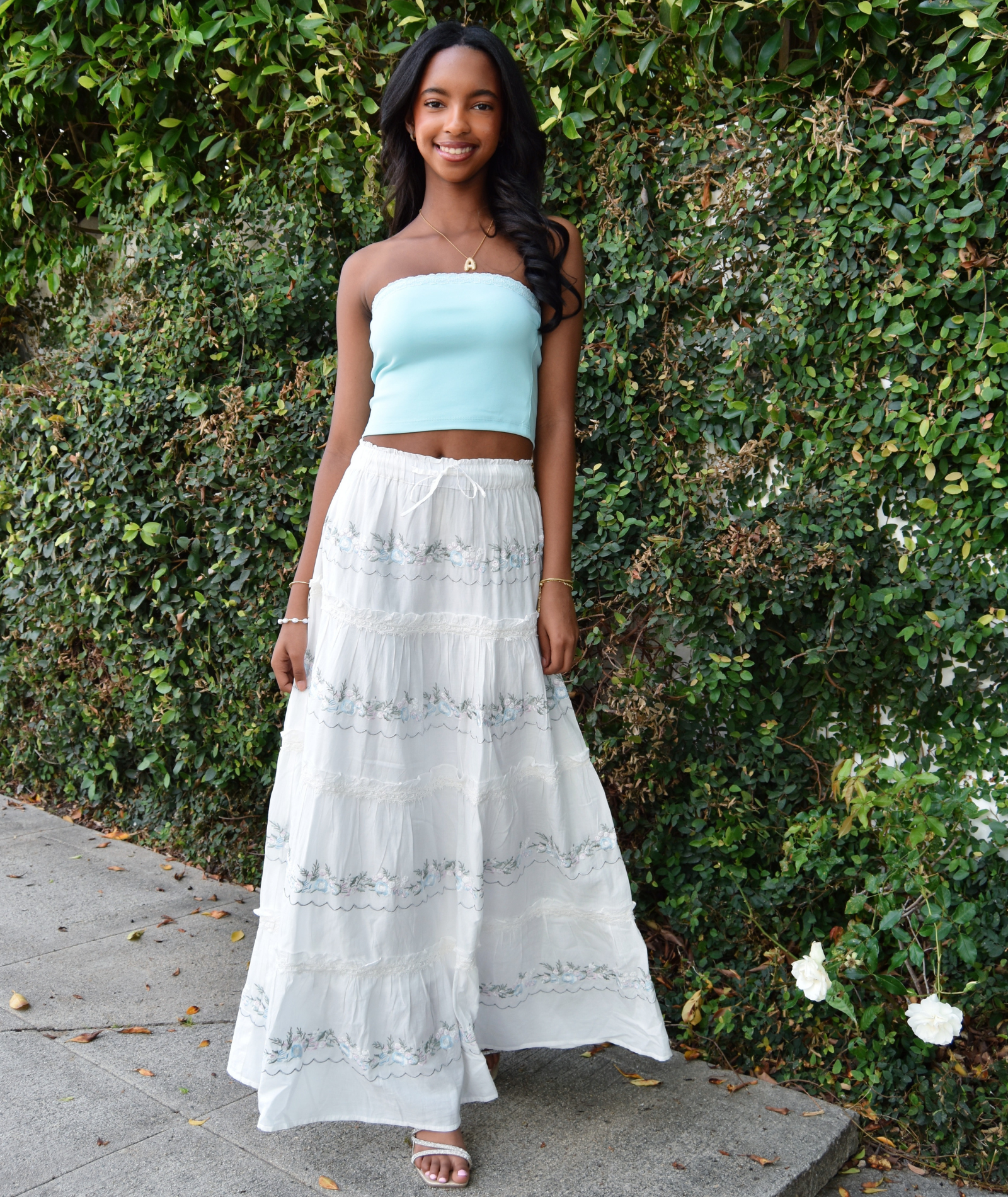 Katie J NYC Juniors Cream/Silver Lurex Allegra Maxi Skirt Girls Casual Bottoms Katie J NYC