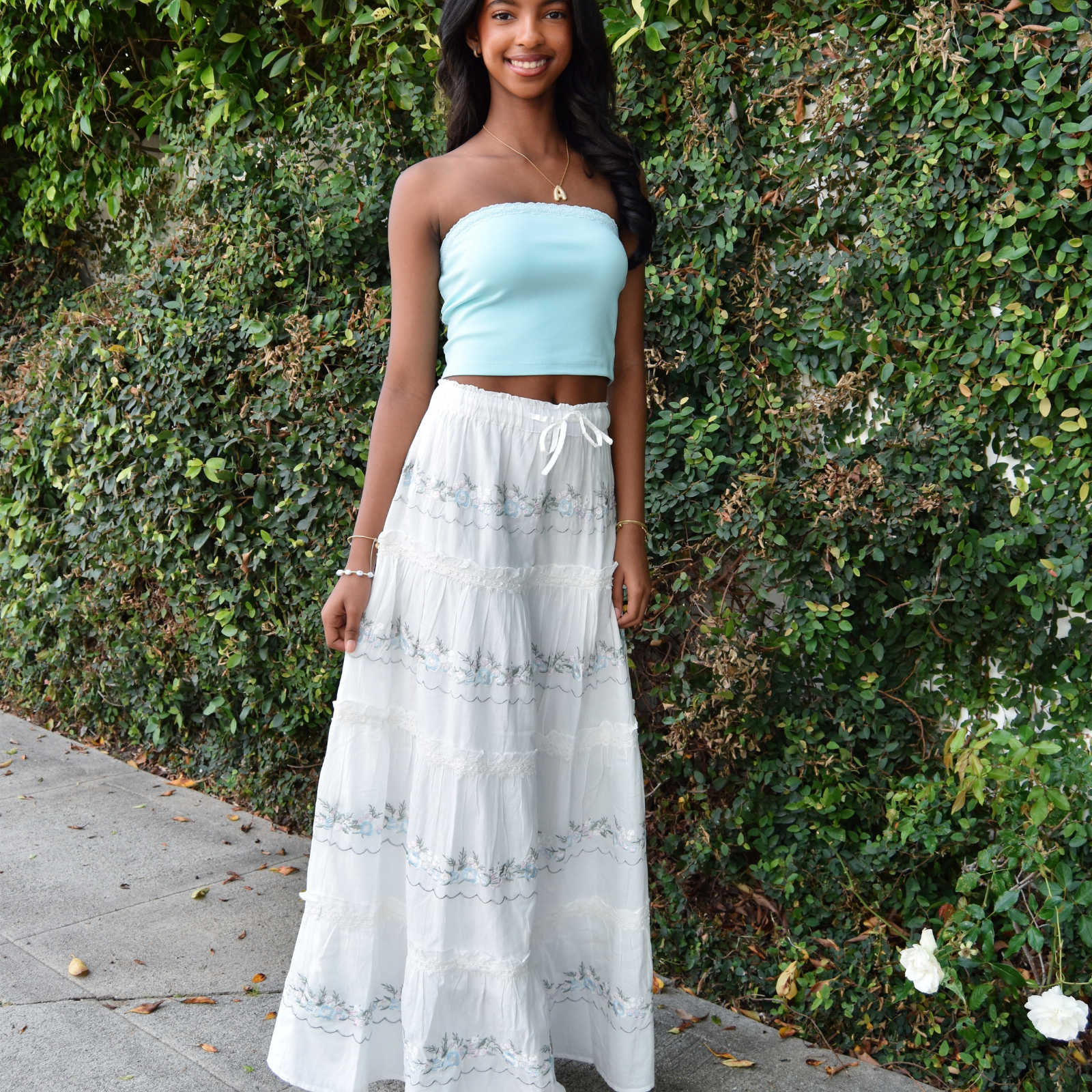 Katie J NYC Juniors Cream/Silver Lurex Allegra Maxi Skirt Girls Casual Bottoms Katie J NYC Cream Juniors/Women XS