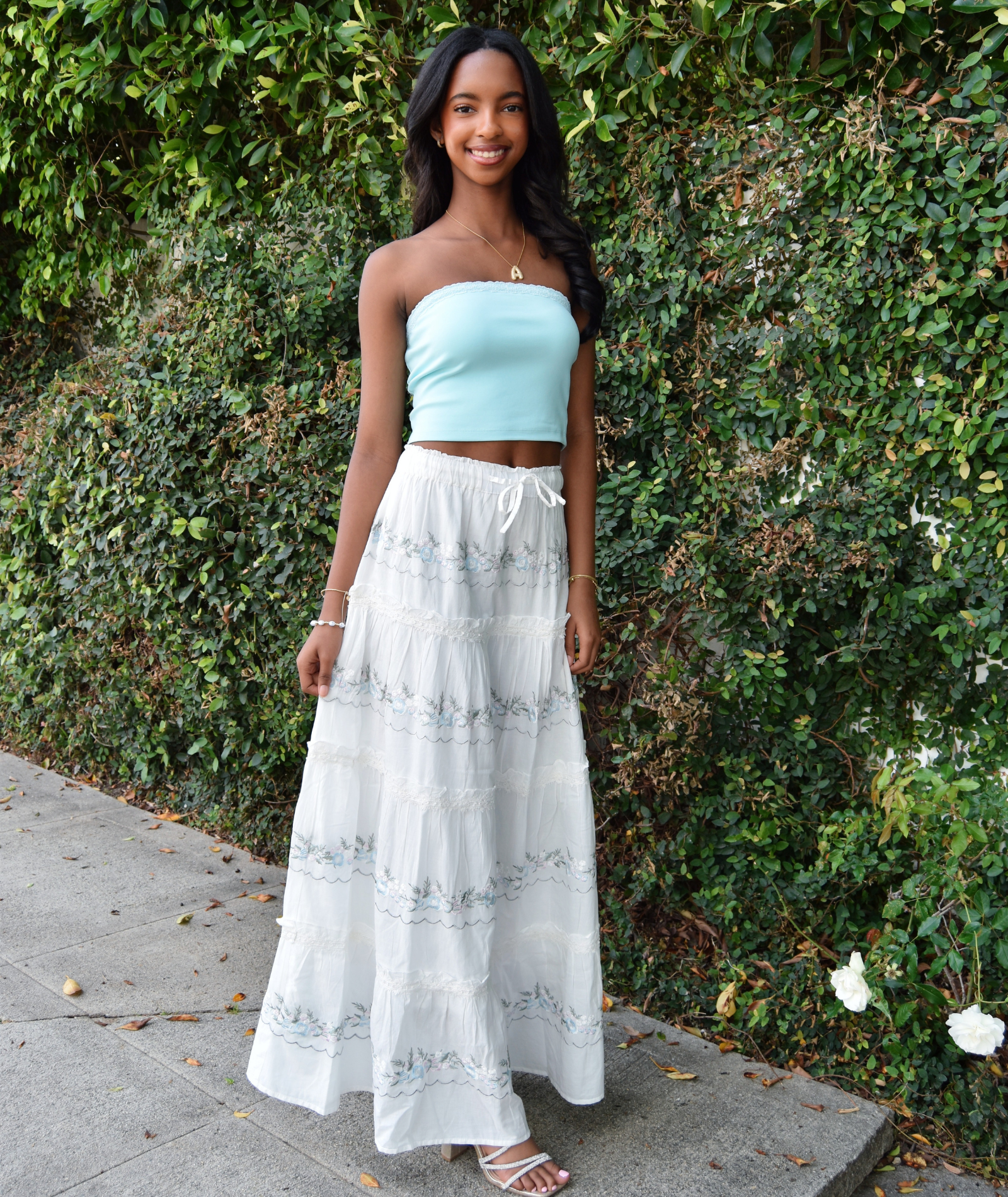 Katie J NYC Juniors Cream/Silver Lurex Allegra Maxi Skirt Girls Casual Bottoms Katie J NYC Cream Juniors/Women XS