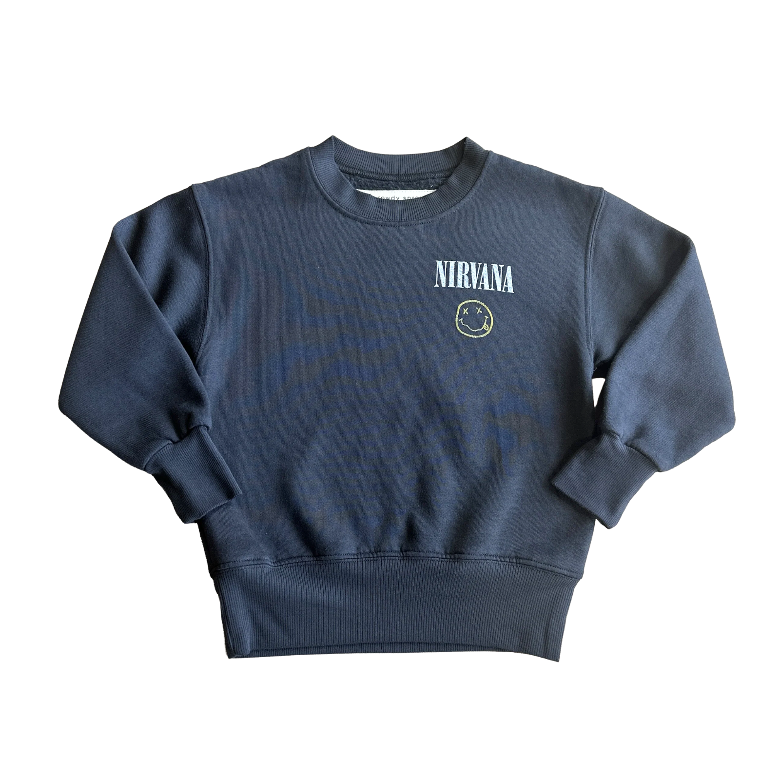 Rowdy Sprout Girls Nirvana Smiley Crew Sweatshirt Washed Black Girls Casual Tops Rowdy Sprout Black Y/XS (6X)