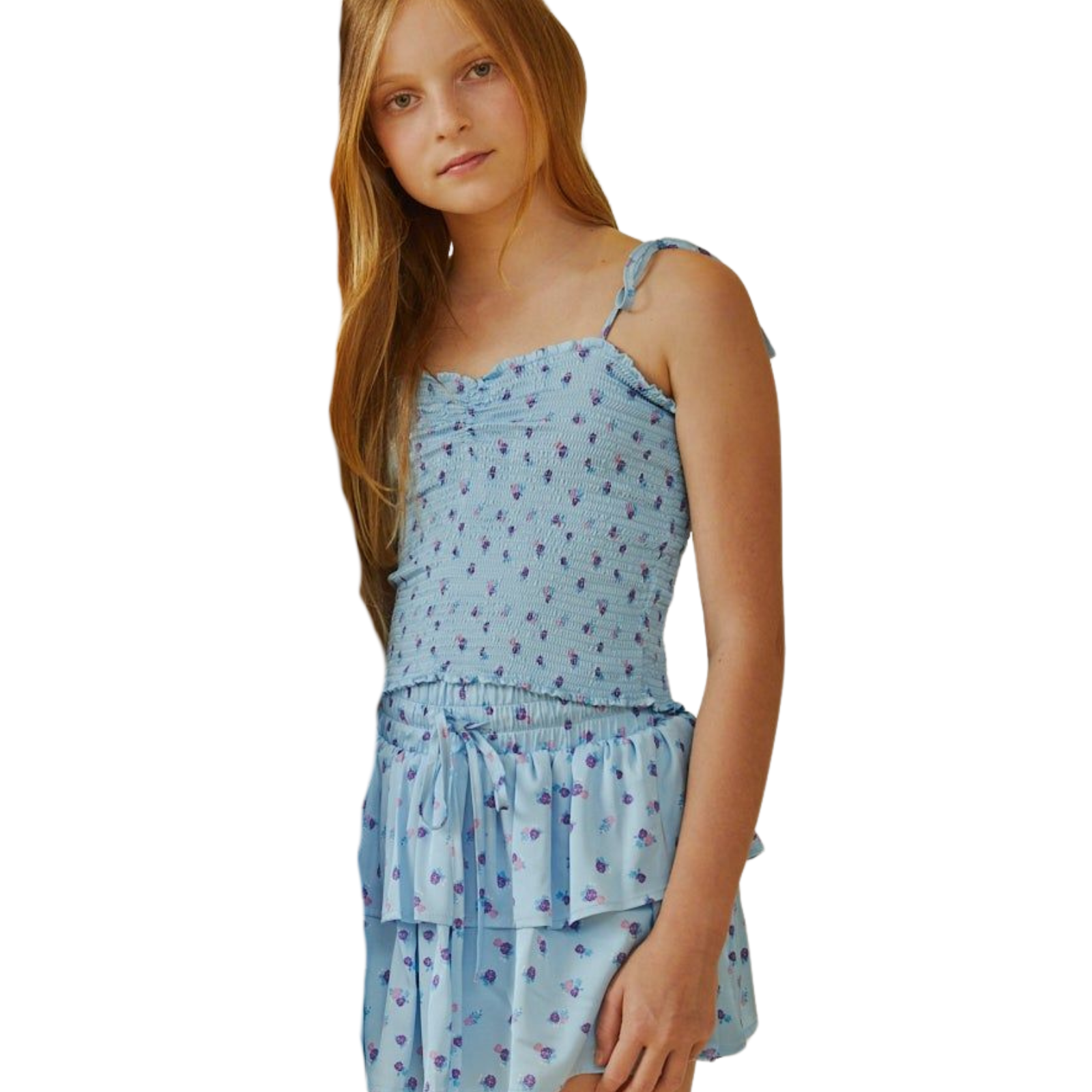 Theme Girls Georgia Pastel Blue Ditsy Satin Smock Top Girls Casual Tops Theme-NYC Floral Y/S (7/8)
