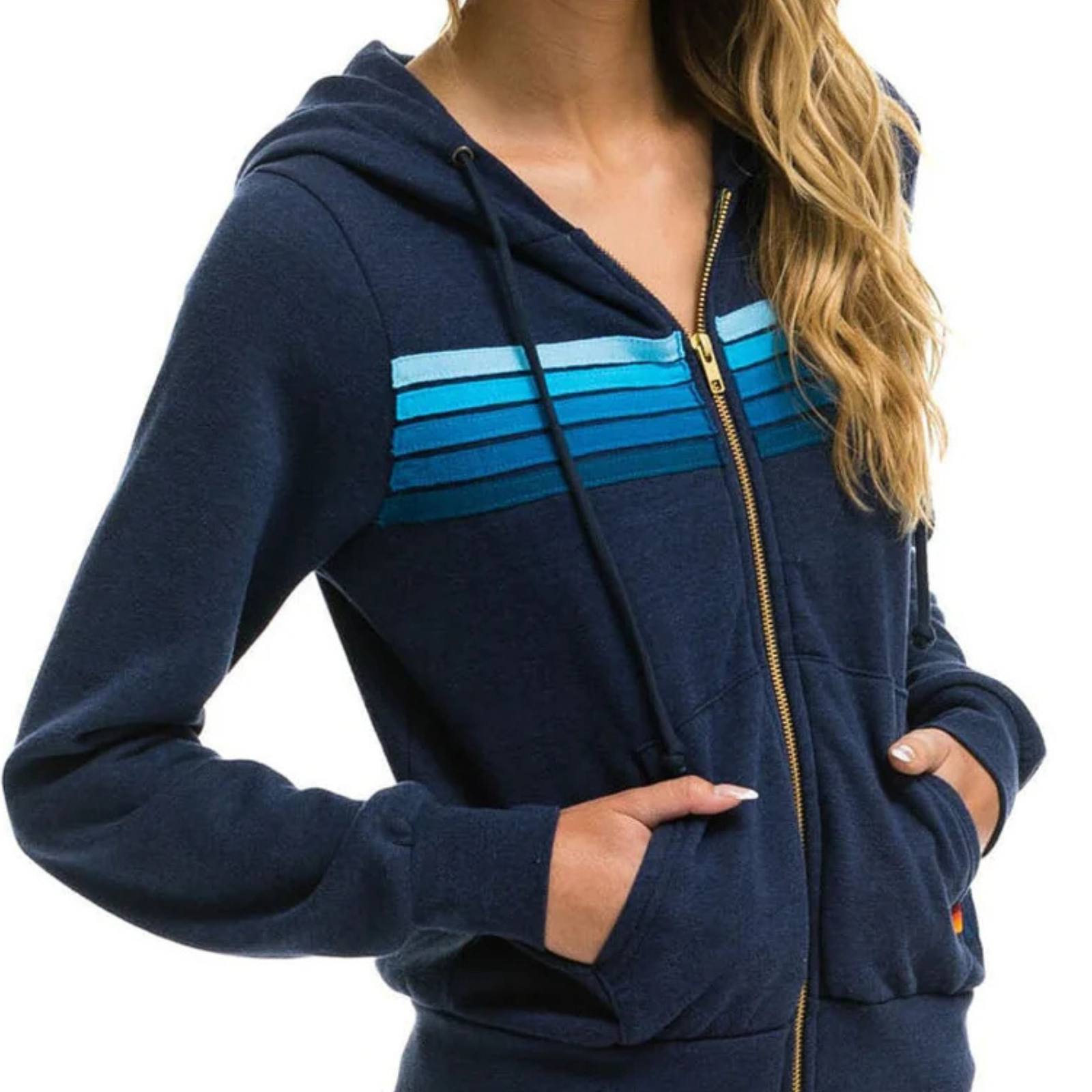 Aviator Nation Women 5 Stripe Zip Hoodie Navy/Blue Womens Casual Tops Aviator Nation Navy Juniors/Women XS