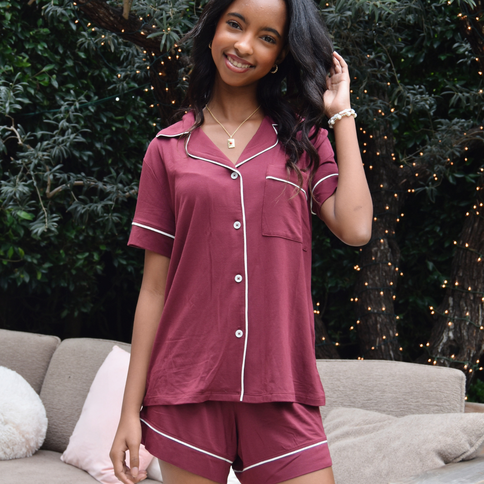 Eberjey Women Gisele Relaxed Short PJ Set Bordeaux/Ivory Accessories Eberjey Red Juniors/Women XXS