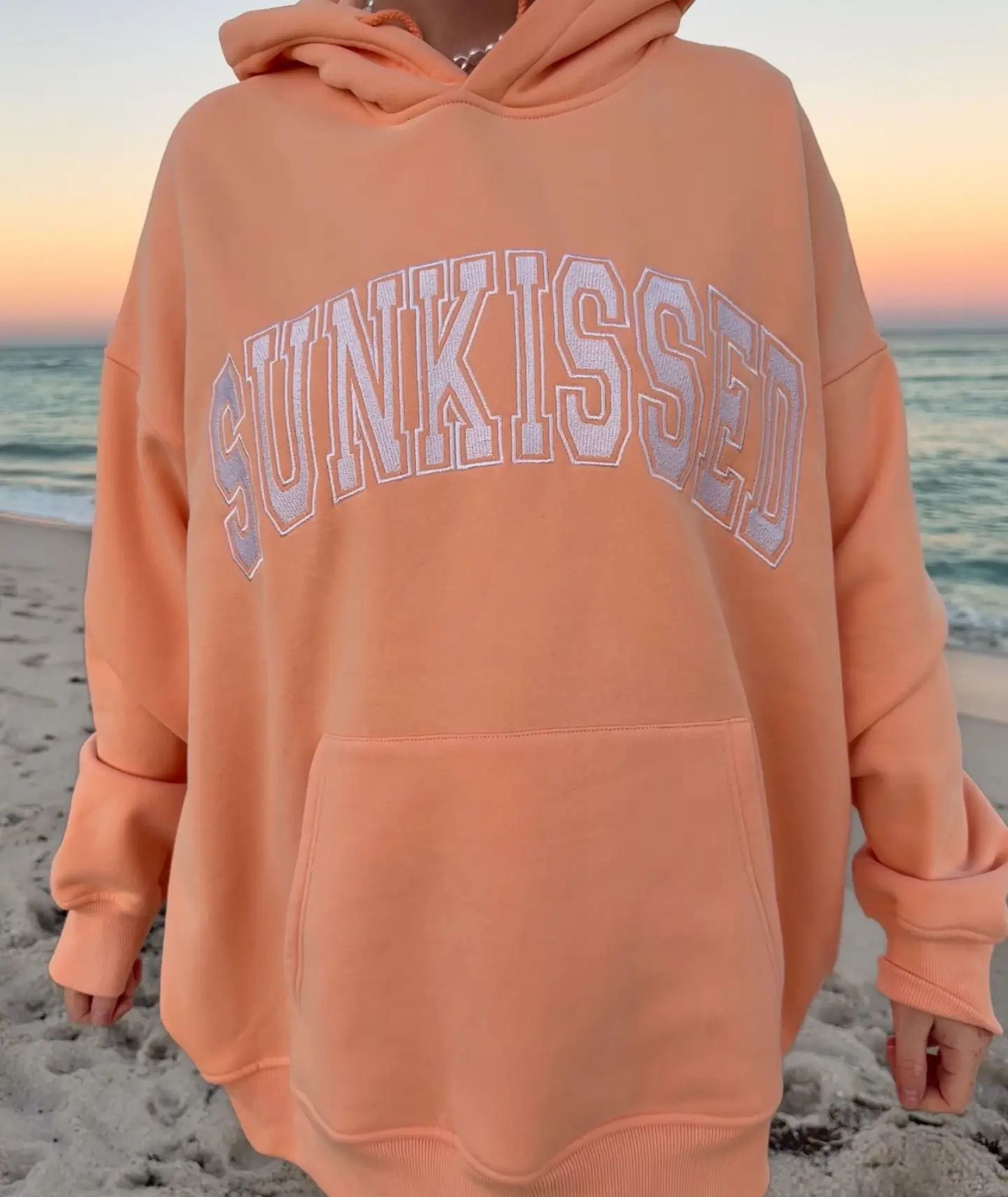 Sunkissed Coconut Juniors Varsity Embroidered Hoodie Sherbert Orange Womens Casual Tops Sunkissed Coconut Orange Juniors/Women XS