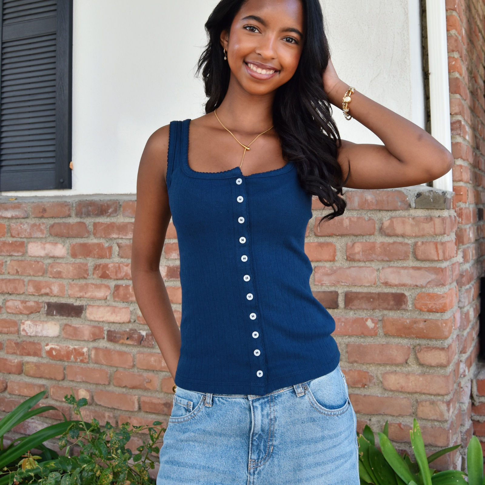 8apart Women Paxton Pointelle Button Down Tank Womens Casual Tops 8apart Navy Juniors/Women S