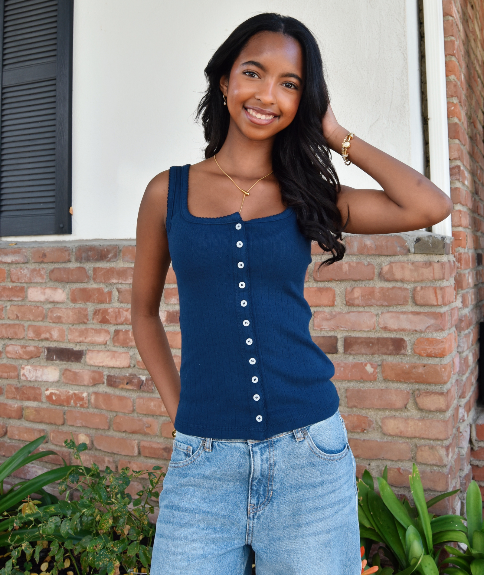 8apart Women Paxton Pointelle Button Down Tank Womens Casual Tops 8apart Navy Juniors/Women S