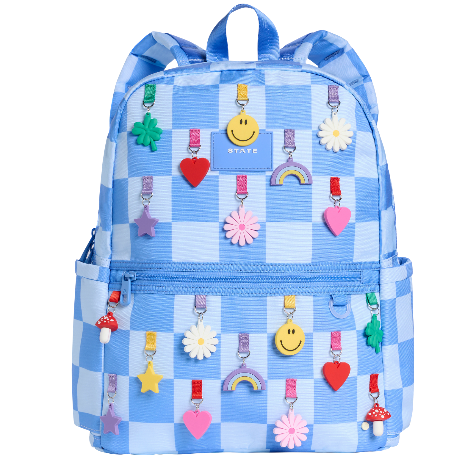 State Bags Kane Kids Double Pocket Backpack Charms Blue Check Accessories State bags Multi