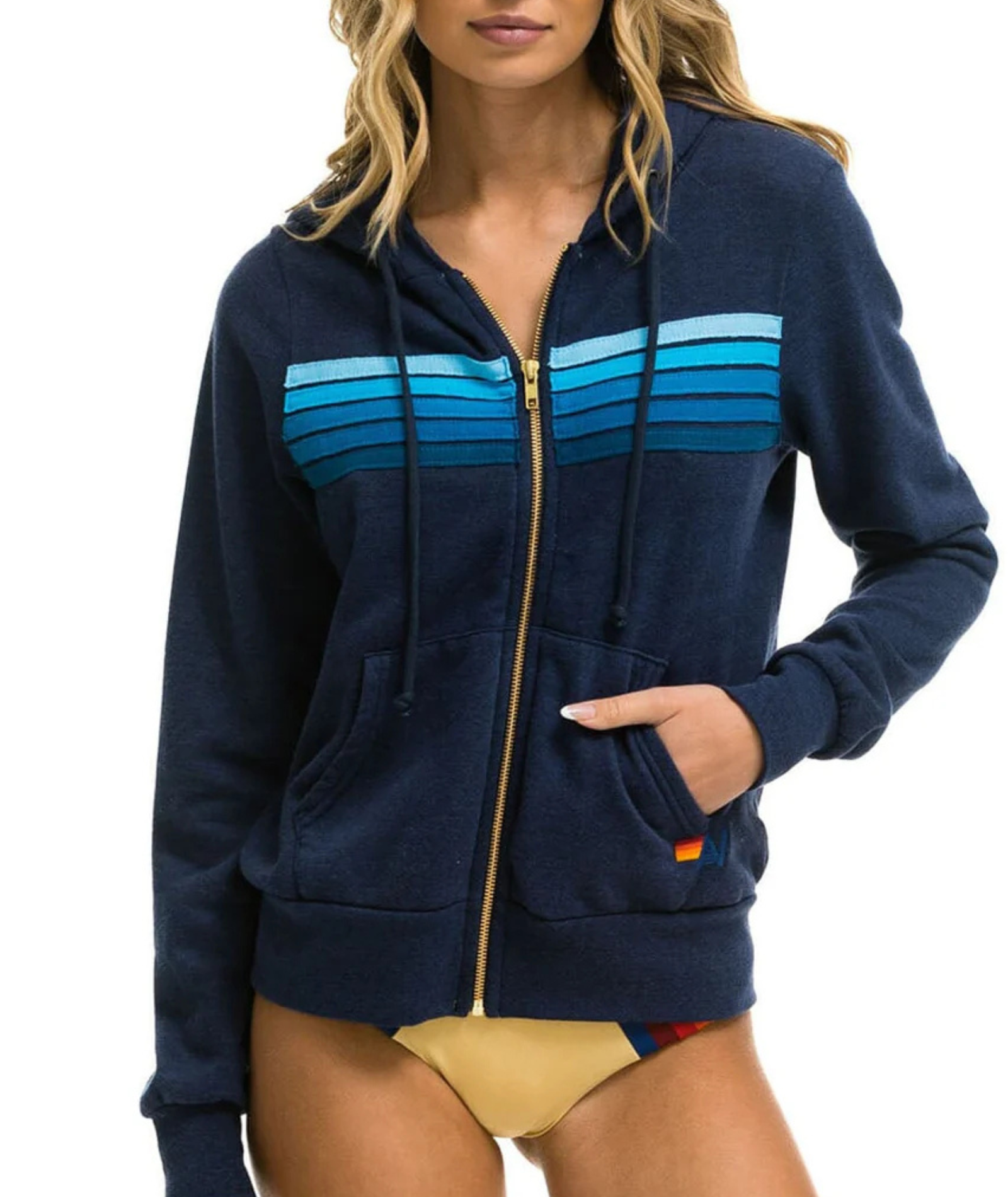 Aviator Nation Women 5 Stripe Zip Hoodie Navy/Blue Womens Casual Tops Aviator Nation