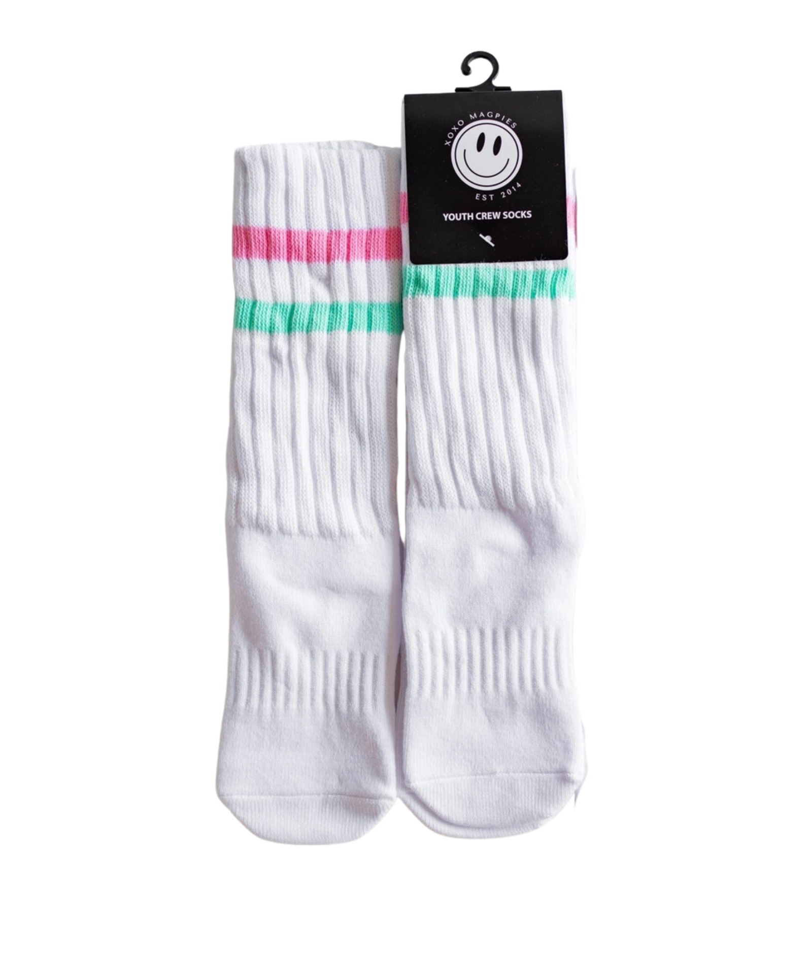 XOXO Crew Socks Pink and Aqua Stripe Accessories Frankie's Exclusives