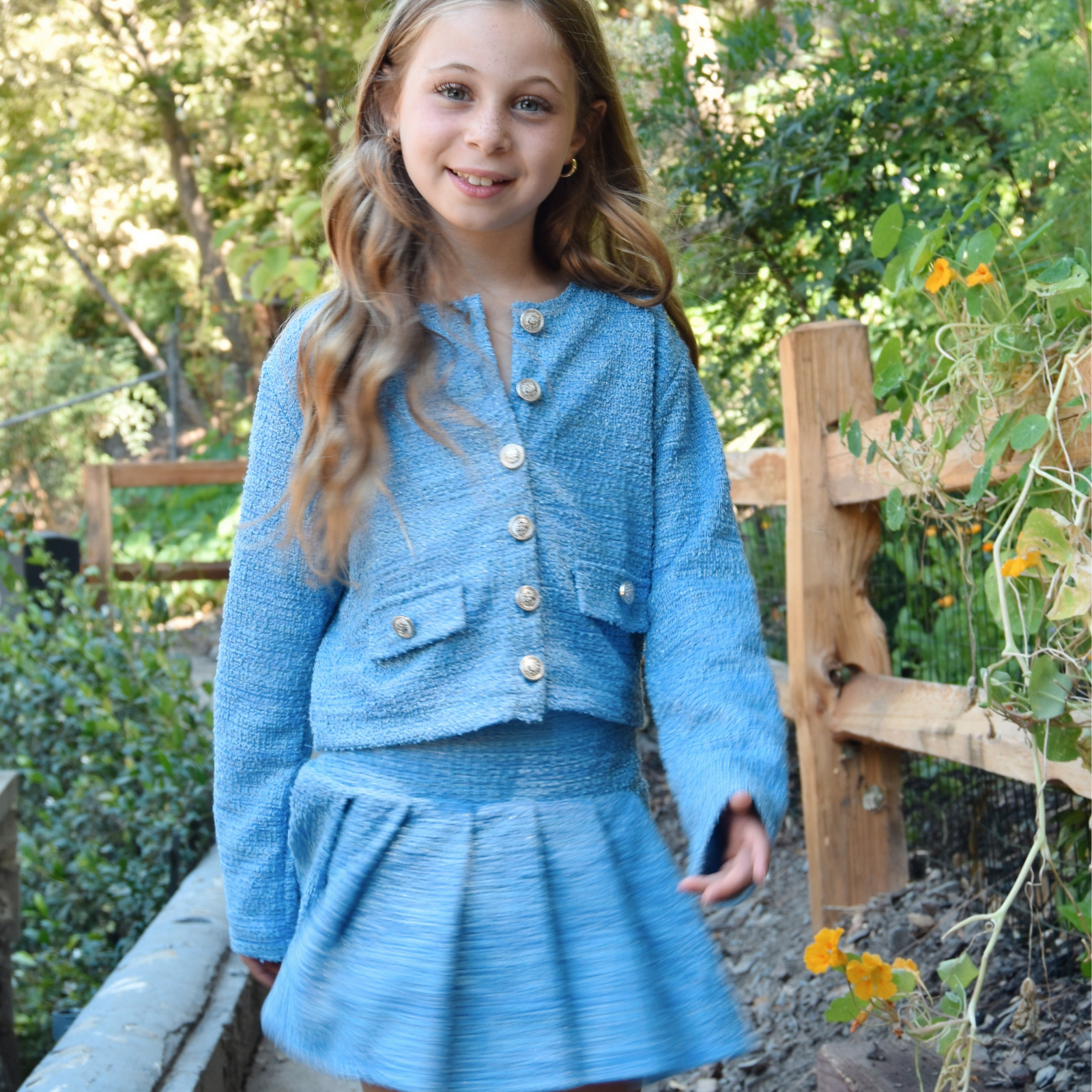 FBZ Girls Giovanna Tweed Pleated Skirt Girls Special Bottoms FBZ Flowers By Zoe Blue Y/S (7/8)