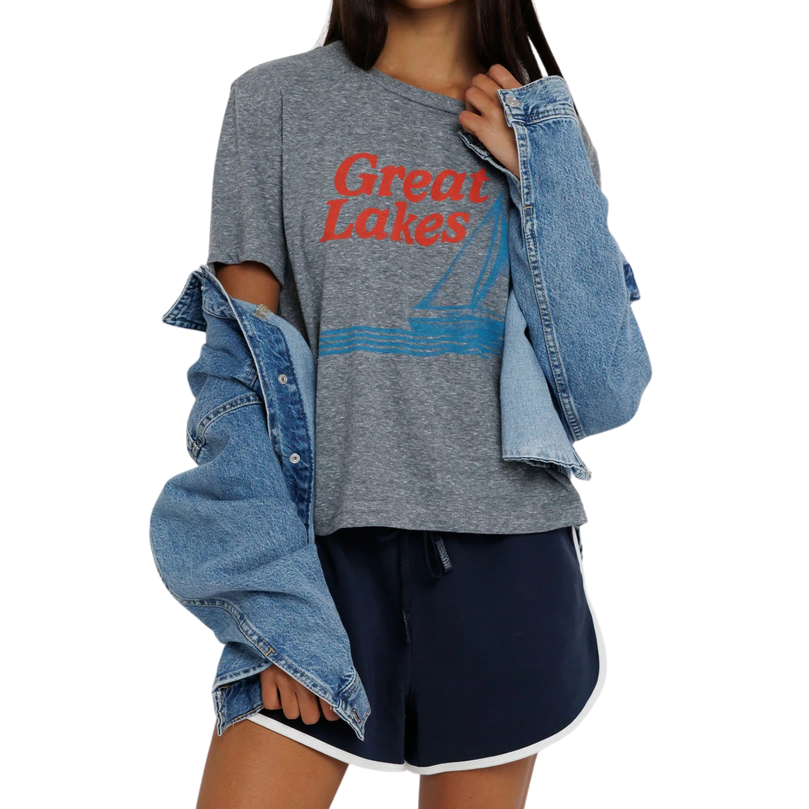 Sunny Somewhere Women Great Lakes Sailboat Everyday Tee Womens Casual Tops Sunny Somewhere Heather Grey Juniors/Women XS
