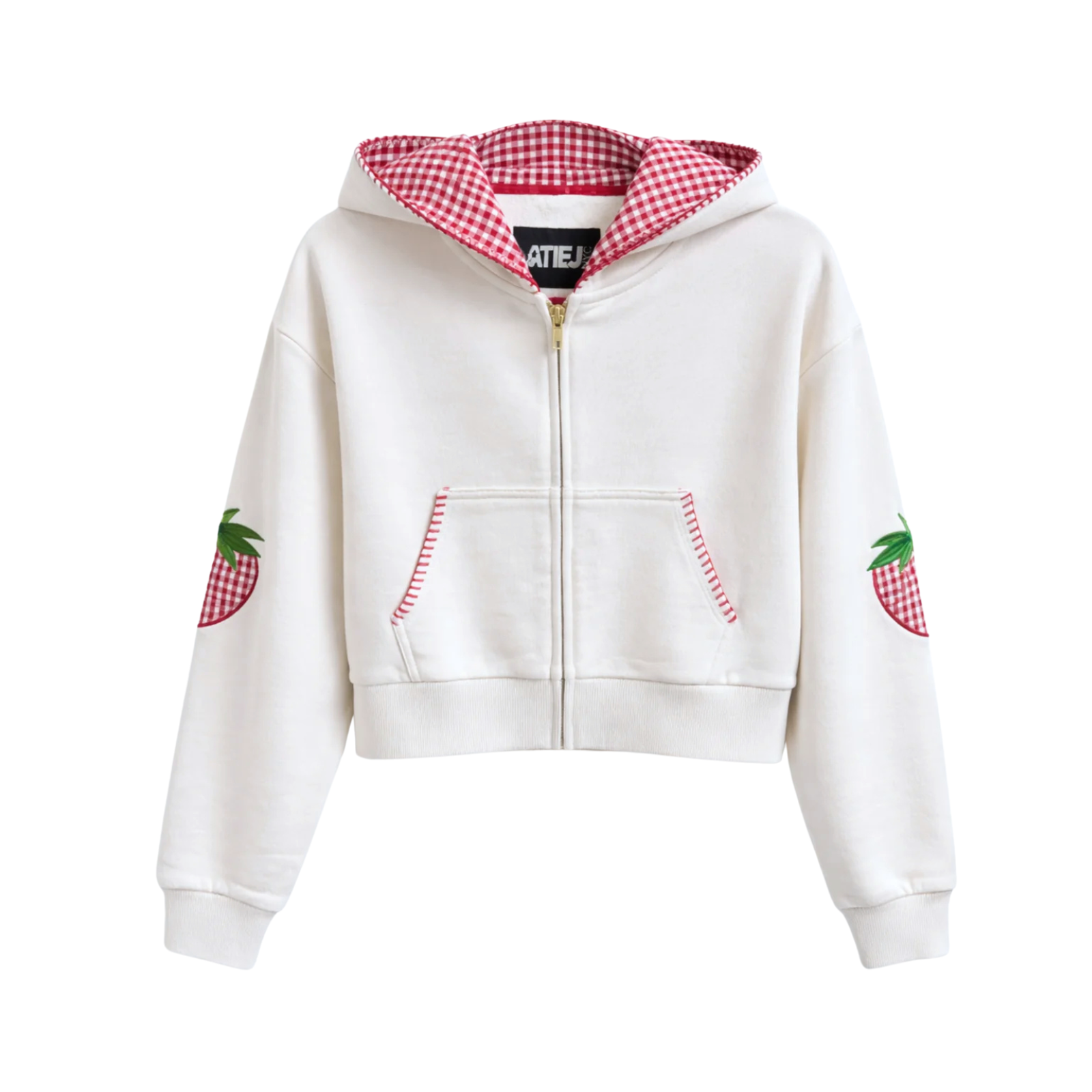 Katie J NYC Girls Leah Strawberry Crop Zip Hoodie Girls Casual Tops Katie J NYC Vintage White Y/S (7/8)