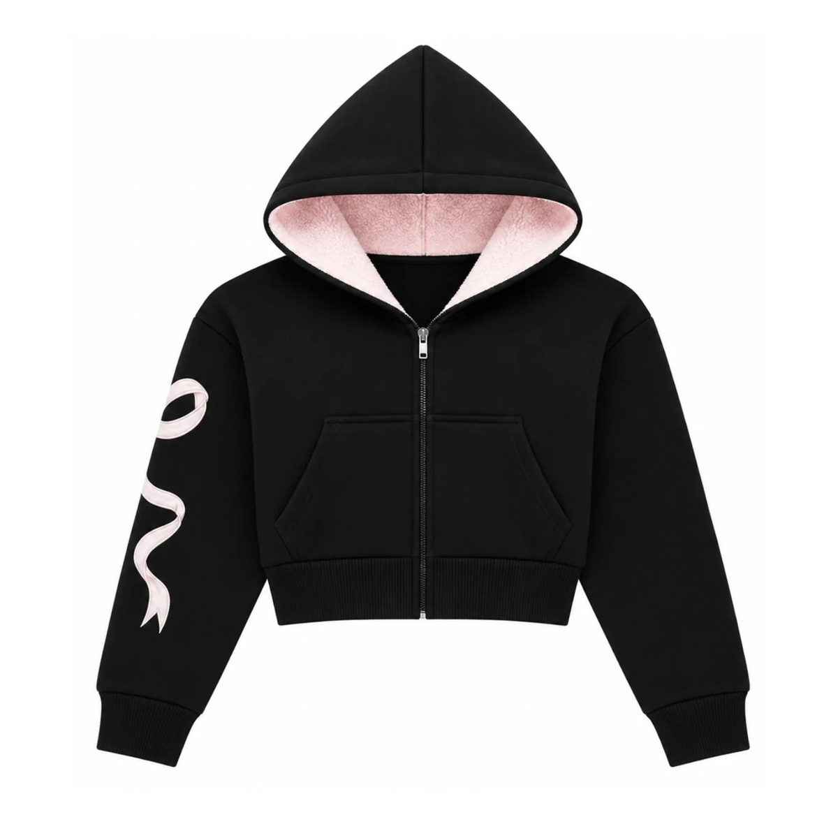 Katie J NYC Girls Dylan Bow Crop Zip Hoodie Black/Baby Pink Lace