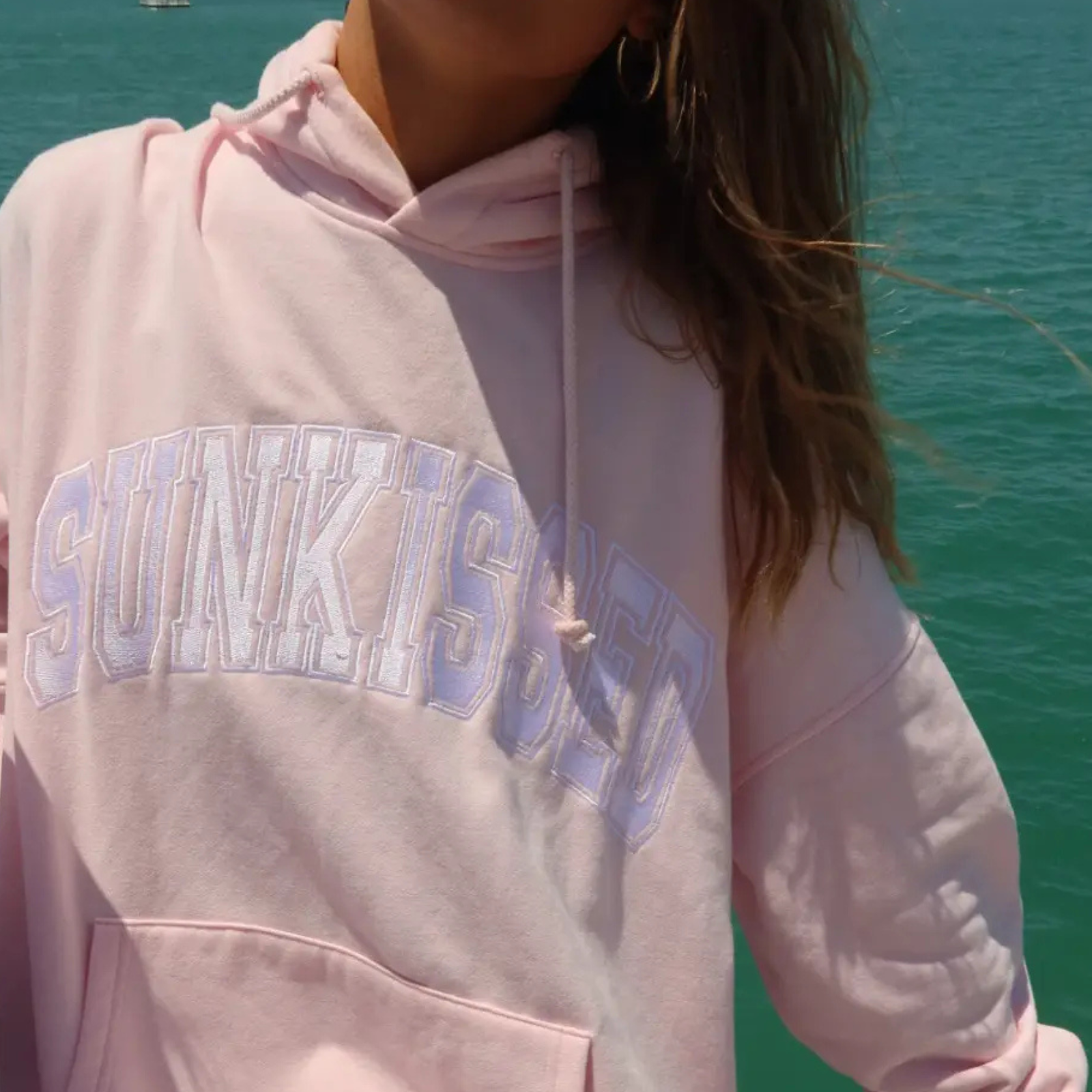 Sunkissed Coconut Juniors Varsity Embroidered Hoodie Light Pink Womens Casual Tops Sunkissed Coconut Light Pink Juniors/Women XS