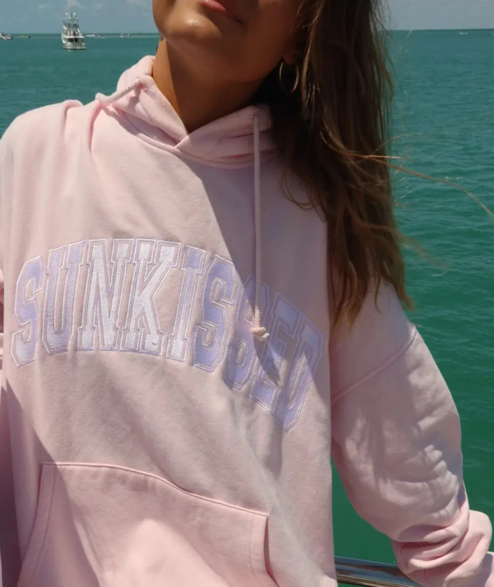 Sunkissed Coconut Juniors Varsity Embroidered Hoodie Light Pink Womens Casual Tops Sunkissed Coconut Light Pink Juniors/Women XS