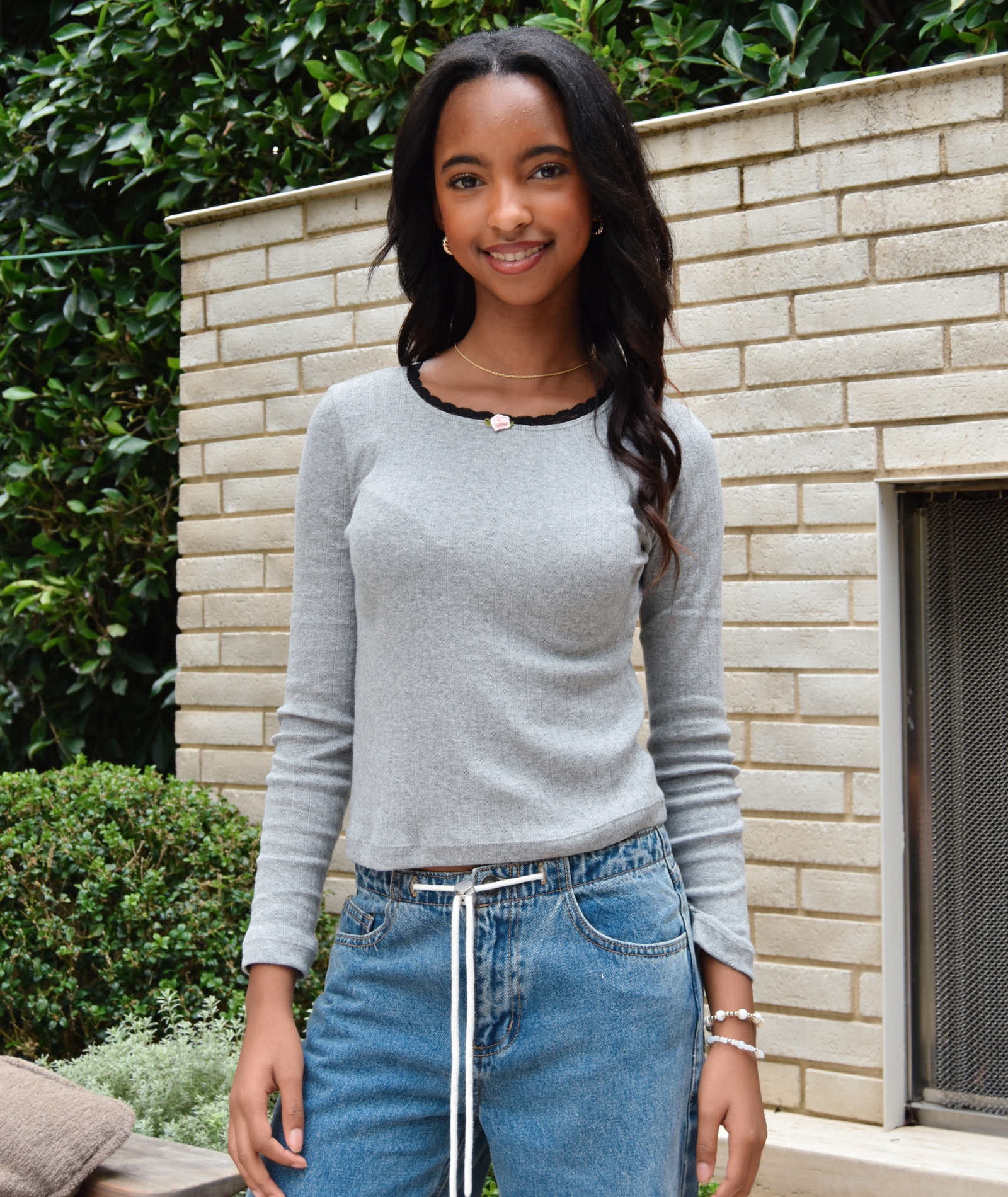 FBZ Girls Helen Pointelle With Lace and Rose Top Girls Casual Tops FBZ Flowers By Zoe