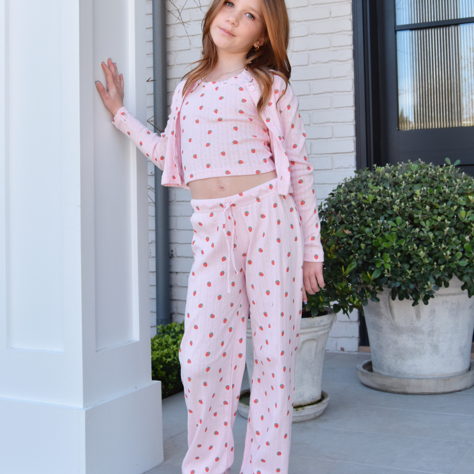 FBZ Girls Strawberry Pointelle Cardigan Girls Casual Tops FBZ Flowers By Zoe Pink Y/5