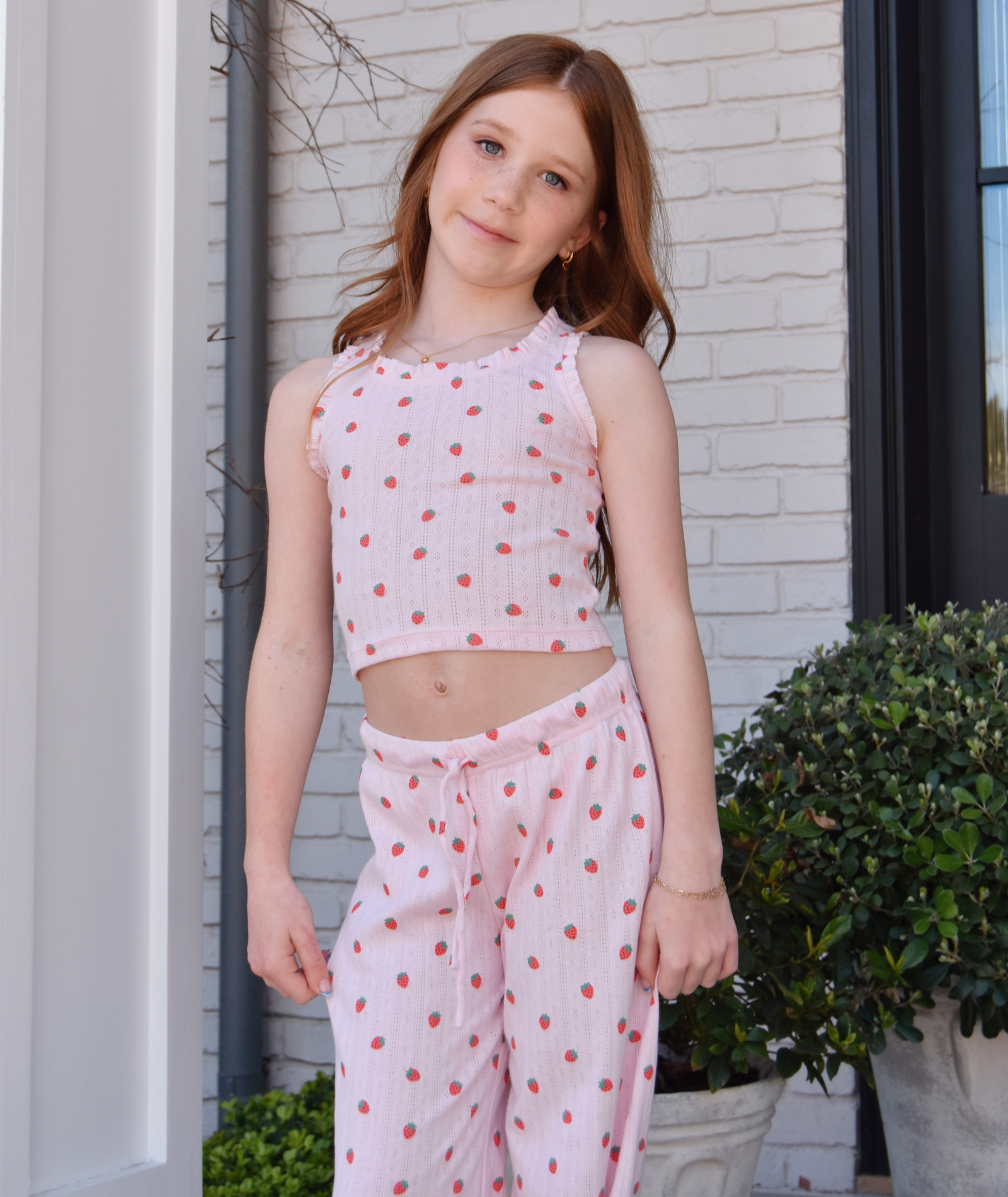 FBZ Girls Strawberry Pointelle Ruffle Tank Girls Casual Tops FBZ Flowers By Zoe Pink Y/5
