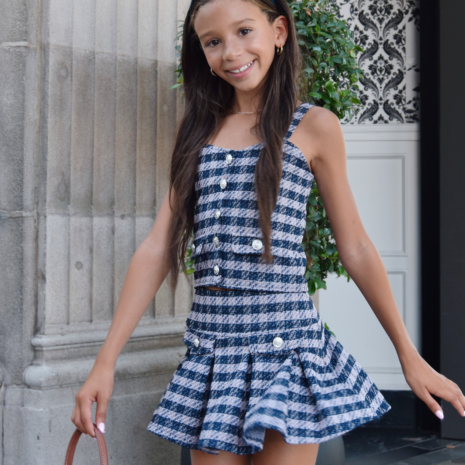 FBZ Girls Freddie Blue Houndstooth Tweed Skort Girls Casual Bottoms FBZ Flowers By Zoe Multi Y/S (7/8)