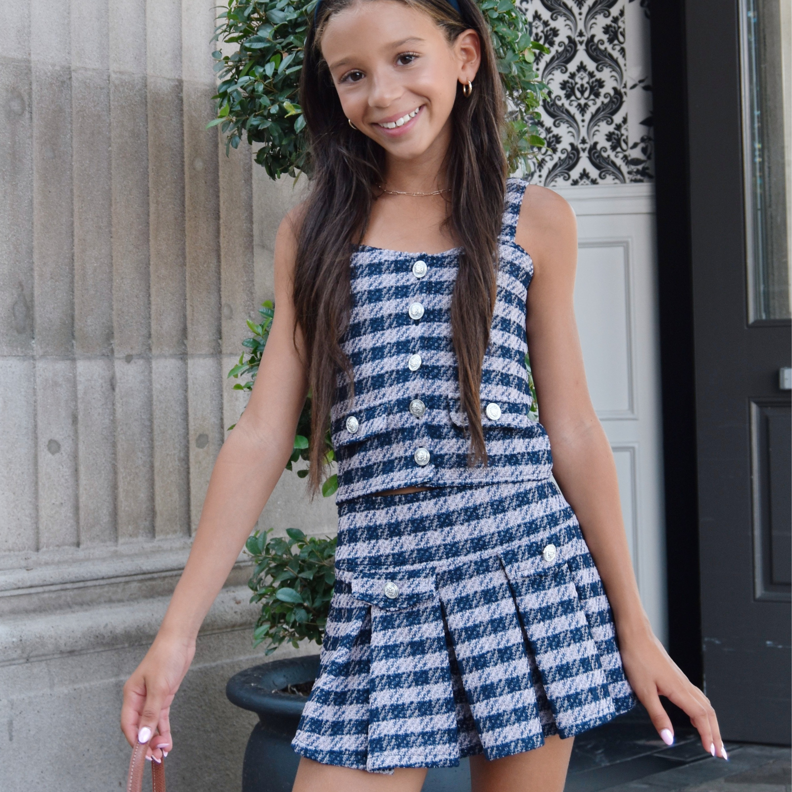 FBZ Girls Freddie Blue Houndstooth Tweed Tank Girls Casual Bottoms FBZ Flowers By Zoe Multi Y/S (7/8)