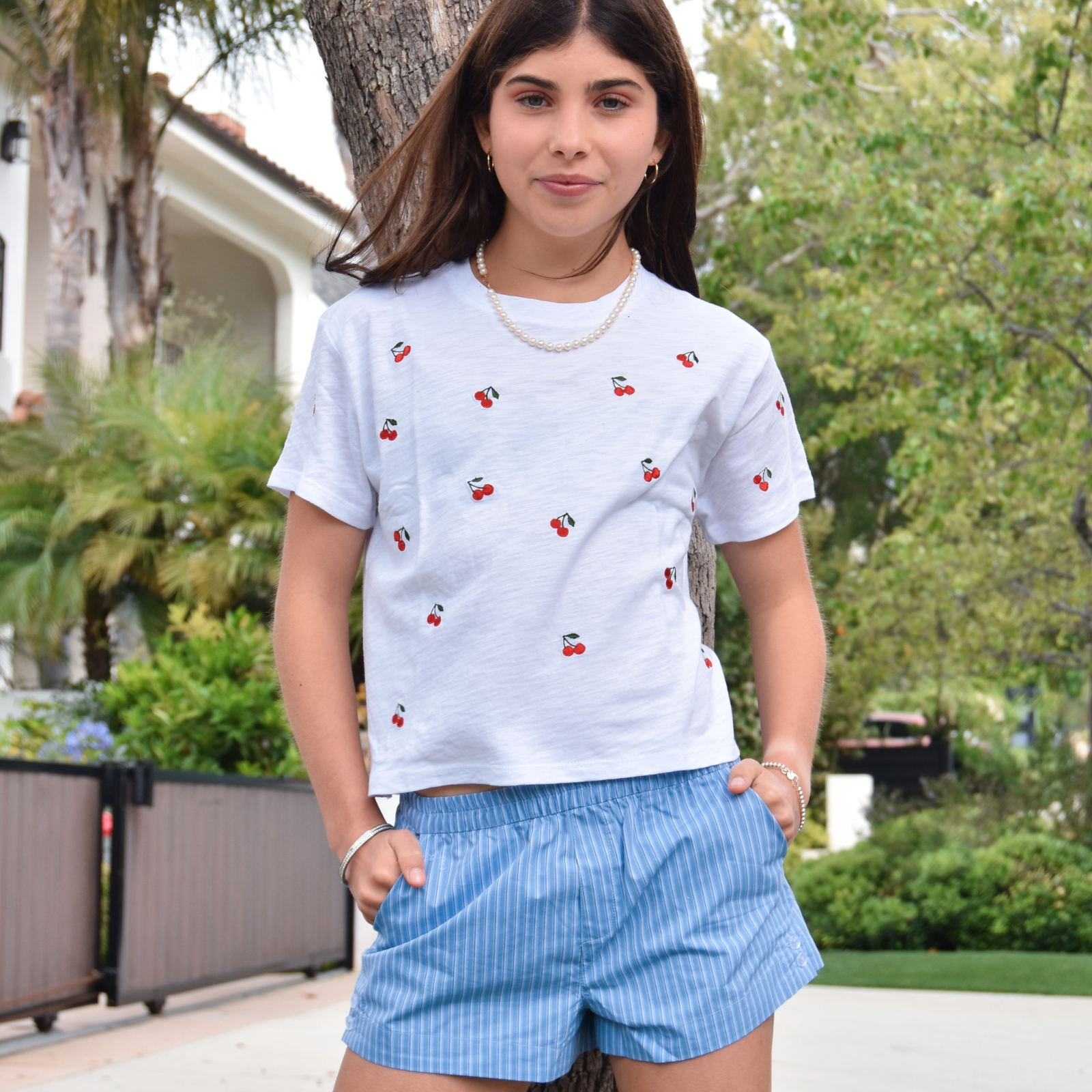 Katie J NYC Girls Briana Blue Pinstripe Boxer Shorts Girls Casual Bottoms Katie J NYC Striped Y/S (7/8)