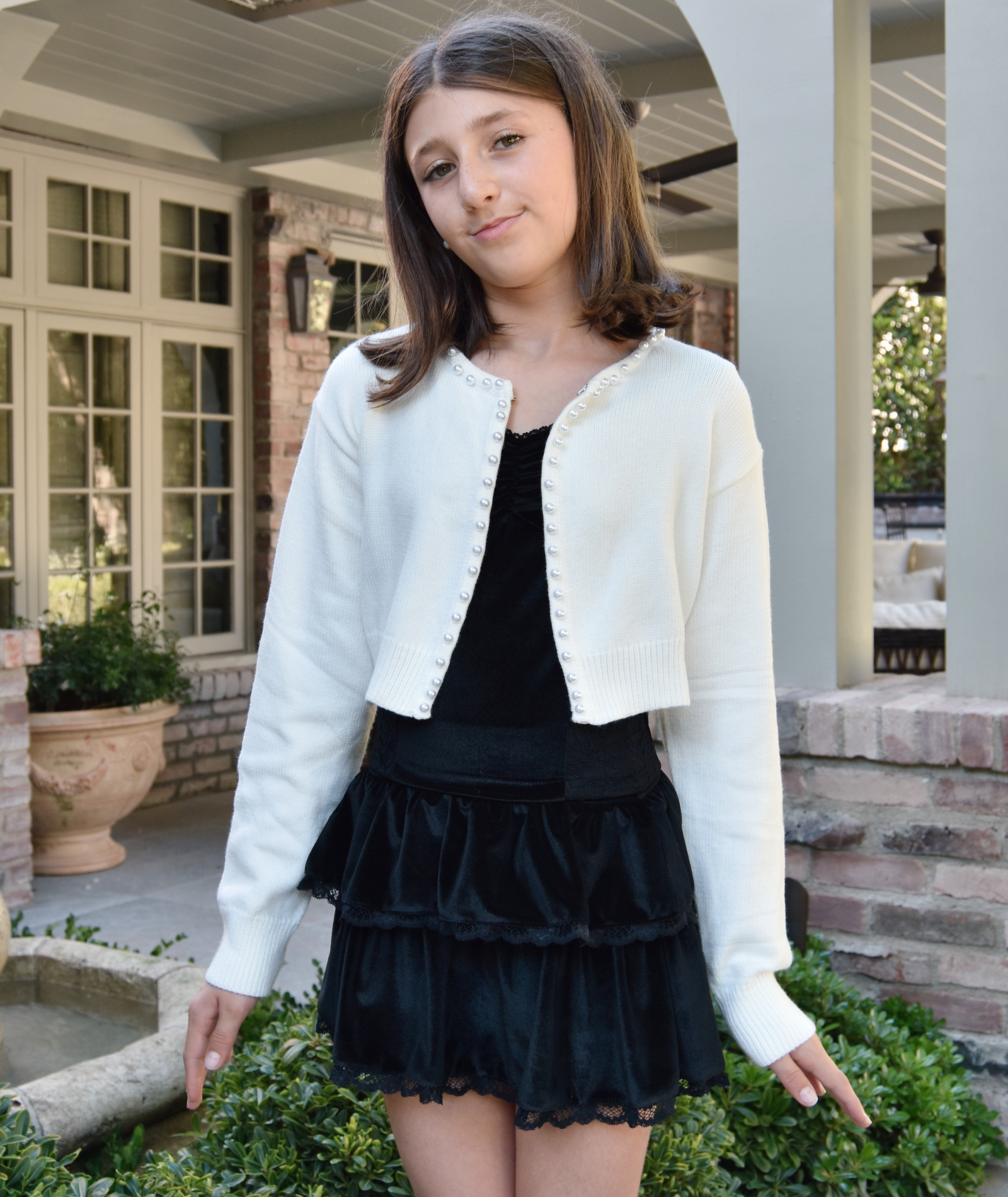 Katie J NYC Juniors Kitty Pearl Trim Cardigan Womens Casual Tops Katie J NYC Cream Juniors/Women XS