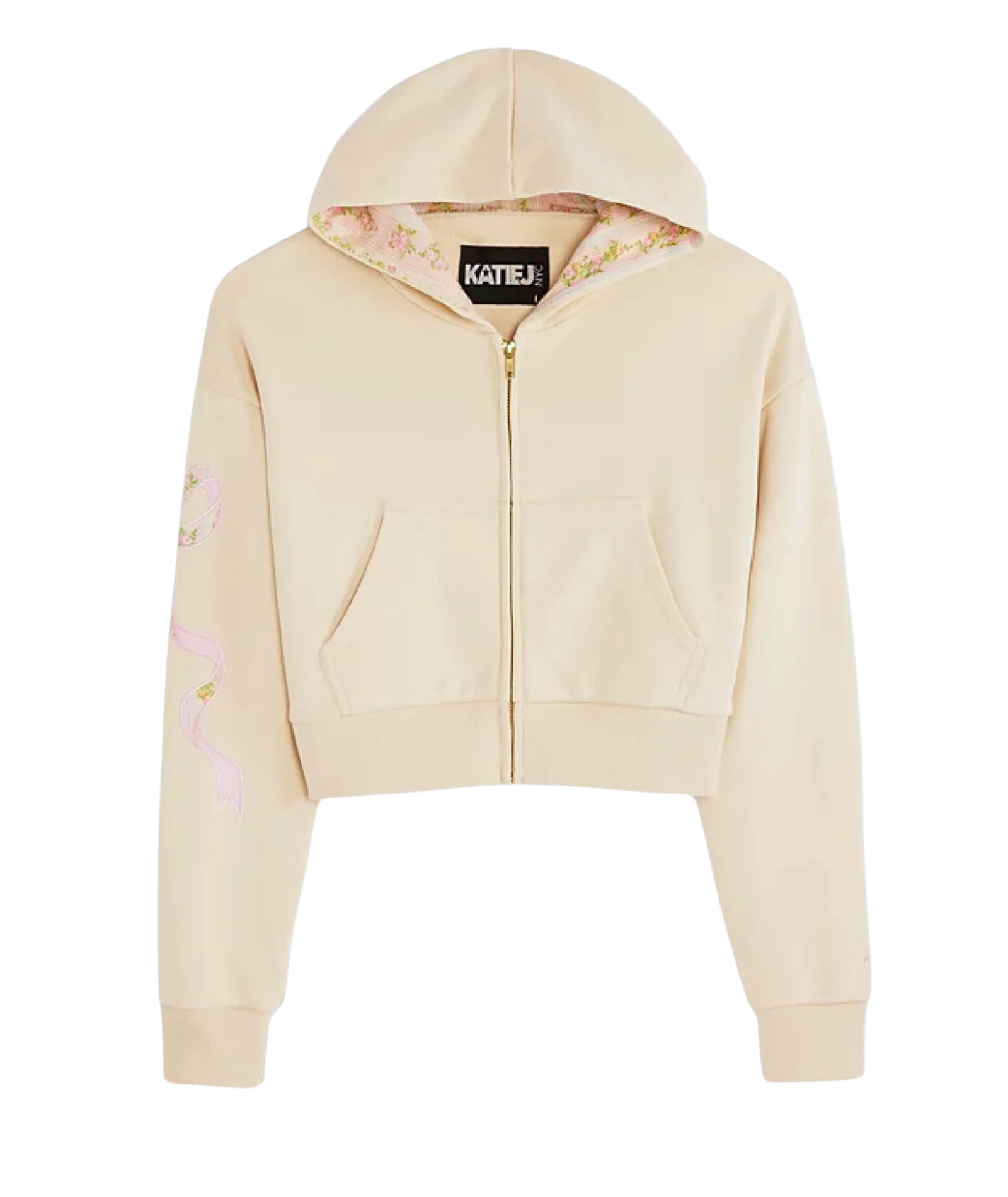 Katie J NYC Girls Dylan Taupe Shabby Floral Bow Crop Zip Hoodie Girls Casual Tops Katie J NYC