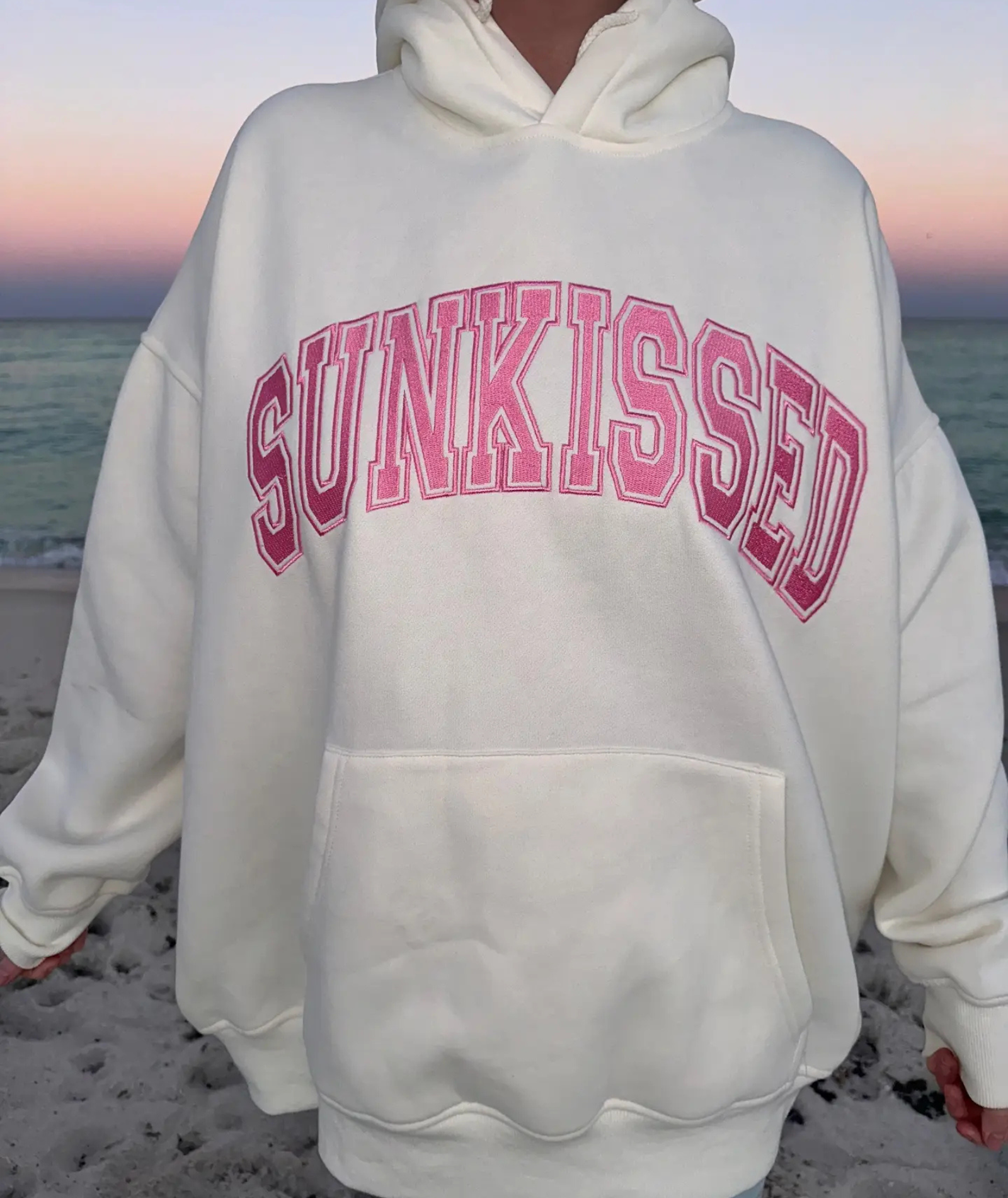 Sunkissed Coconut Juniors Varsity Embroidered Hoodie Ivory/Hibiscus Womens Casual Tops Sunkissed Coconut
