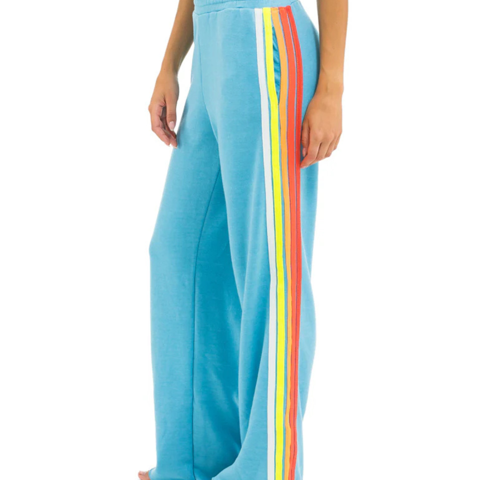 Aviator Nation Women Wide Leg 5 Stripe Pocket Sweatpants Aquamarine/White Neon Womens Casual Bottoms Aviator Nation Blue Juniors/Women XS