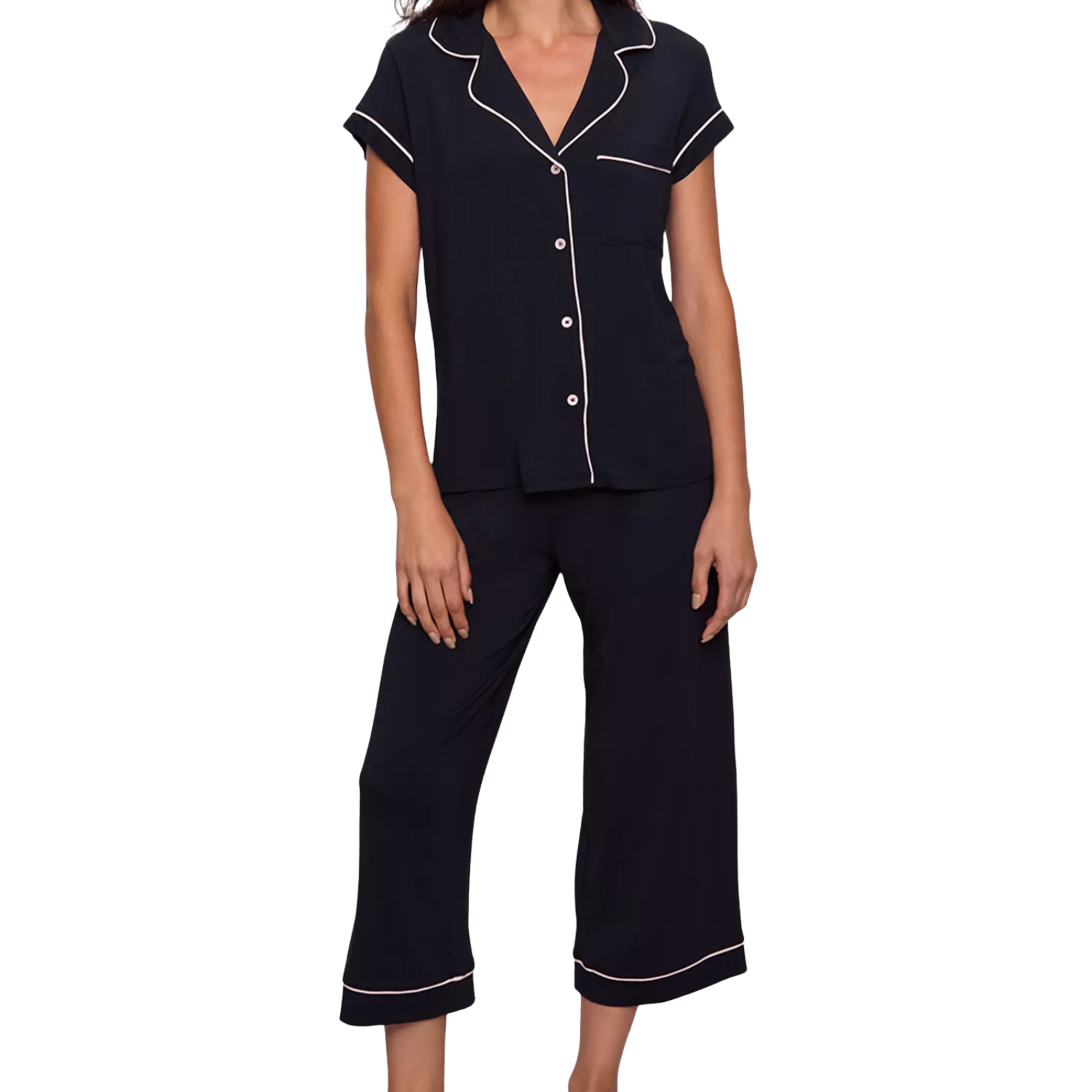 Eberjey Women Gisele Short Sleeve Crop Pants PJ Set Black/Sorbet Pink Accessories Eberjey Black Juniors/Women XXS